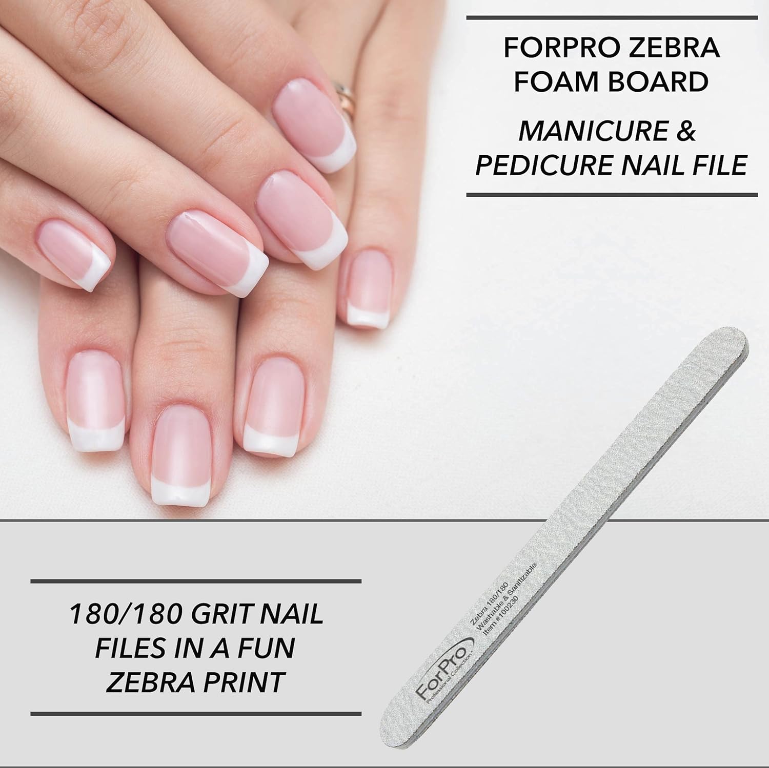 ForPro Professional Collection Zebra – Tabla de espuma, grano 180180, lima de uñas de manicura de doble cara, 7 pulgadas de largo x 0.75 pulgadas de
