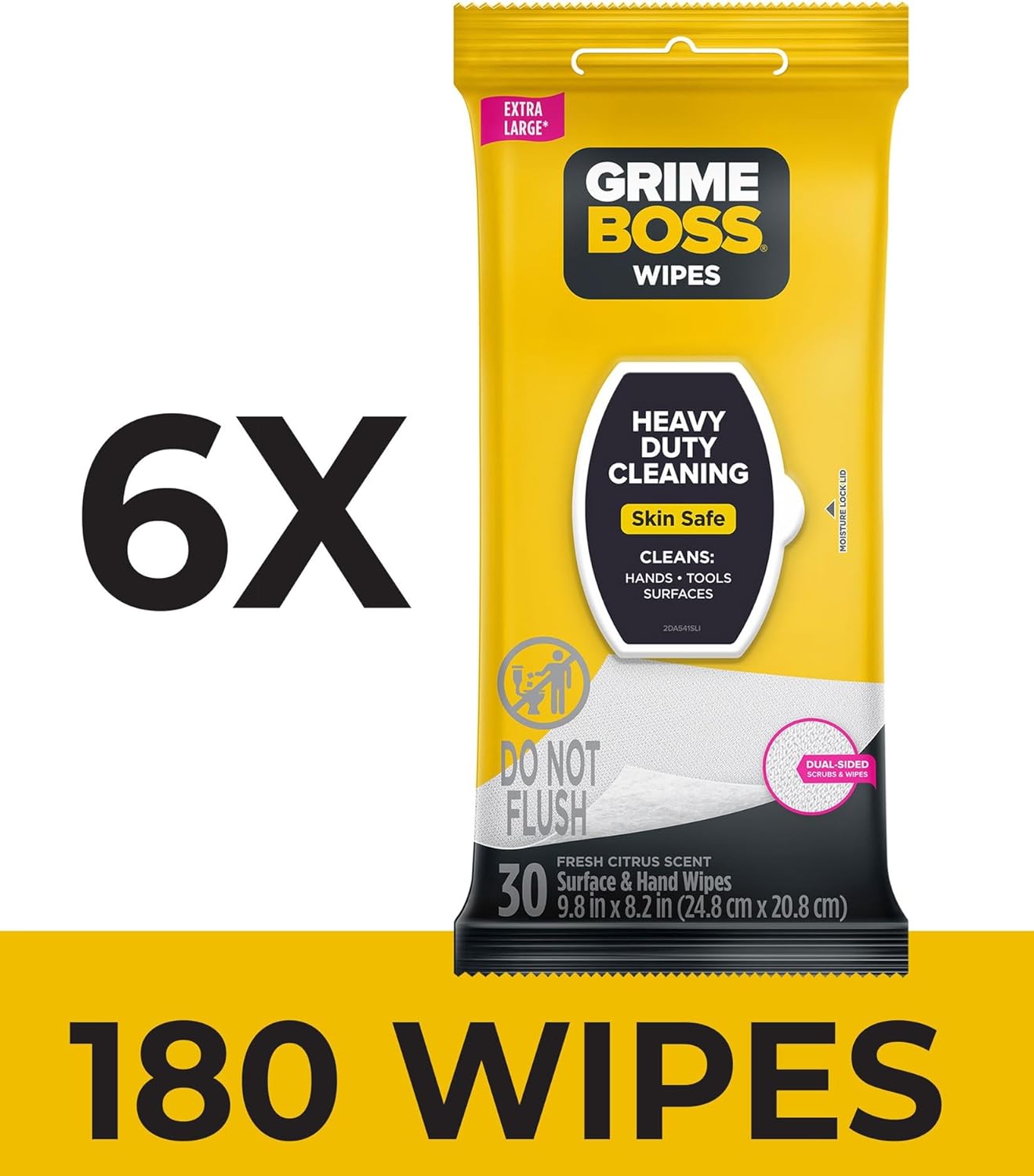 Grime Boss Toallitas resistentes (6 x 30 unidades)  Toallitas húmedas utilizadas para manos, equipos, herramientas, jardín, automoción, elimina