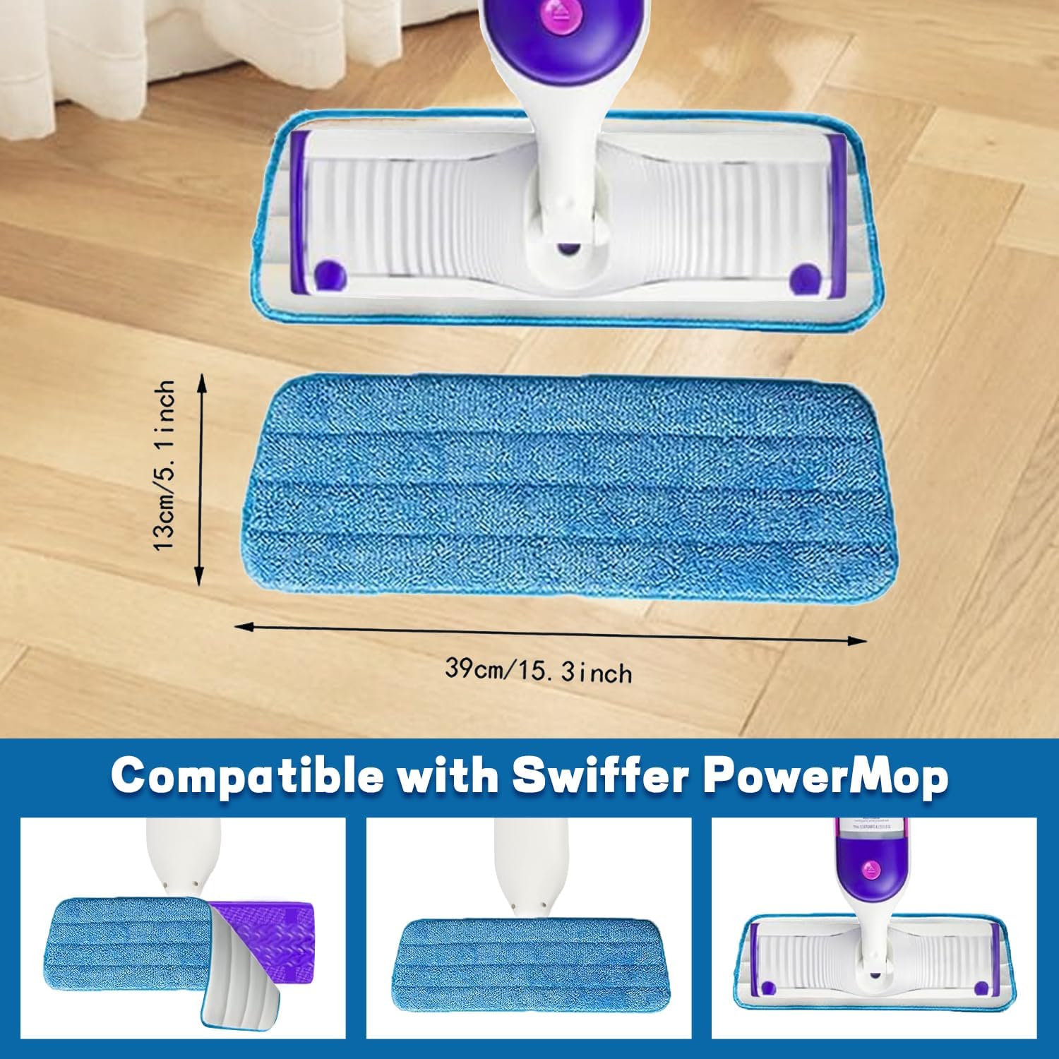 Almohadillas de microfibra compatibles con Swiffer PowerMop, repuestos de almohadillas planas lavables para mopa (azul) para limpieza en húmedo y