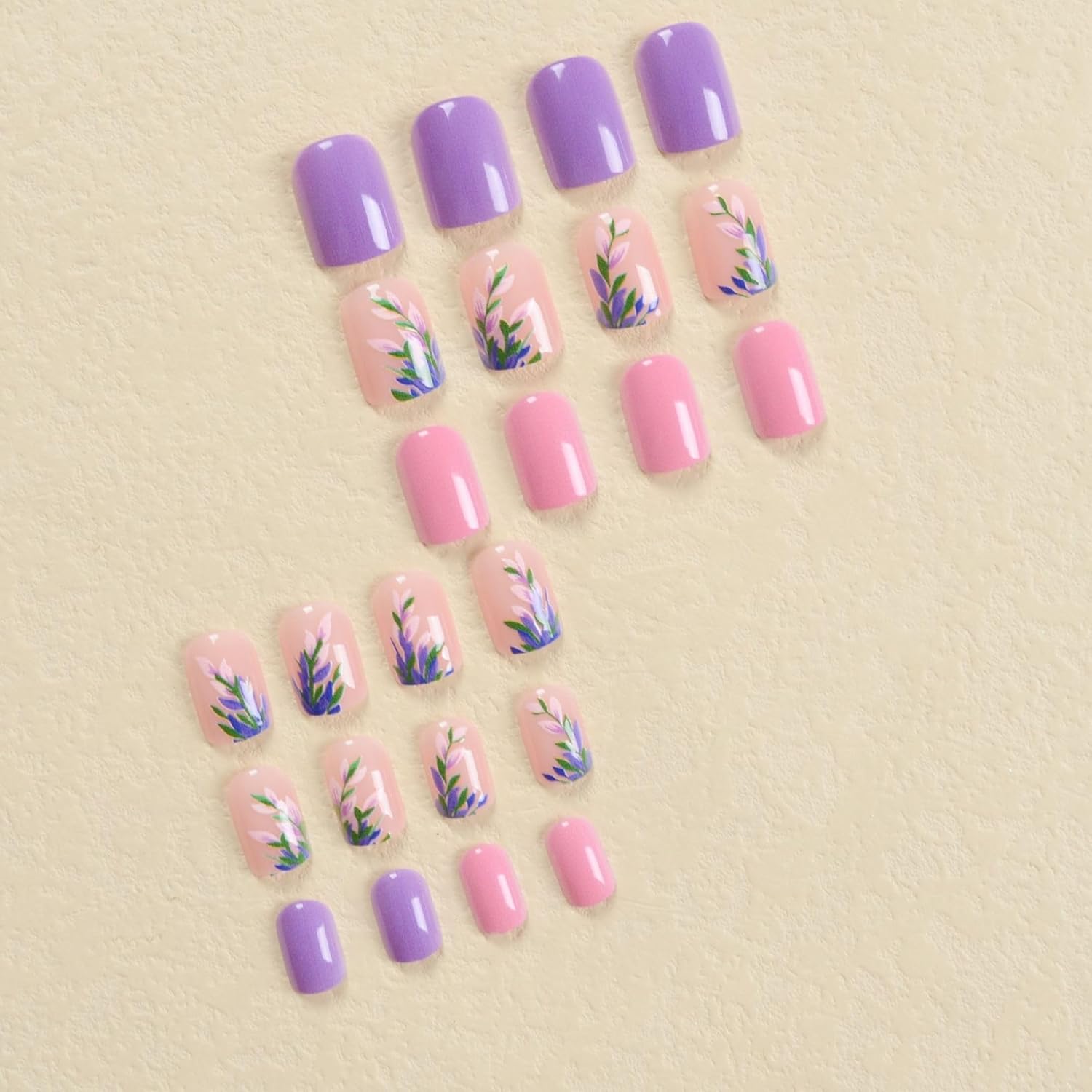 Uñas postizas cortas cuadradas a presión, elegantes puntas de uñas postizas moradas con diseños de hojas, uñas acrílicas, cobertura completa,