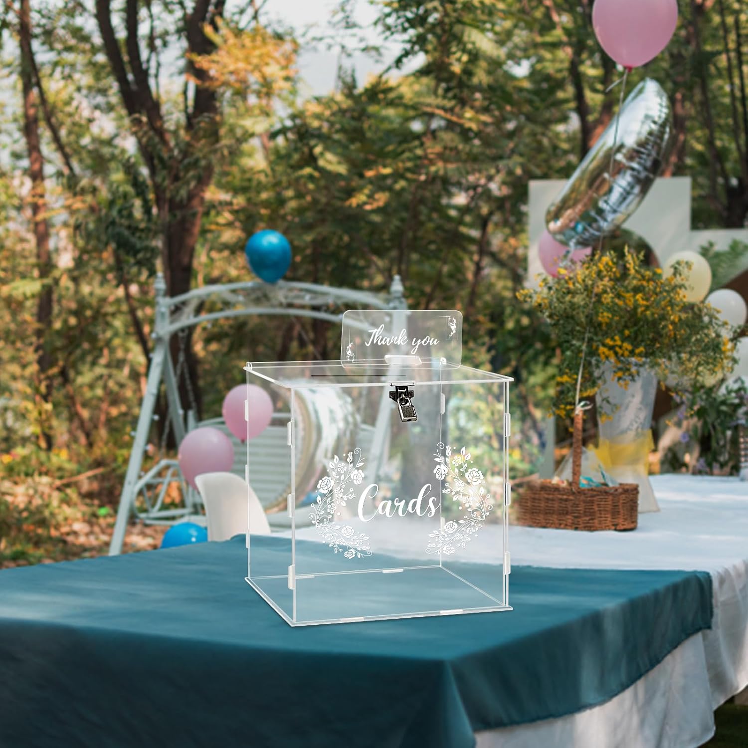 Caja de tarjetas de boda de acrílico con letrero, caja grande de acrílico transparente con cerradura para boda, recepción, aniversario, ducha,