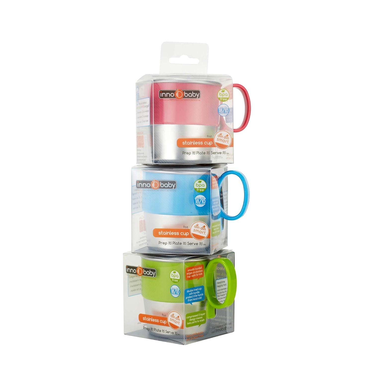 Innobaby Din Din Smart – Vaso de acero inoxidable (9 onzas) con asa para bebés, niños pequeños y niños. Sin BPA, rosa, 9.5 onzas