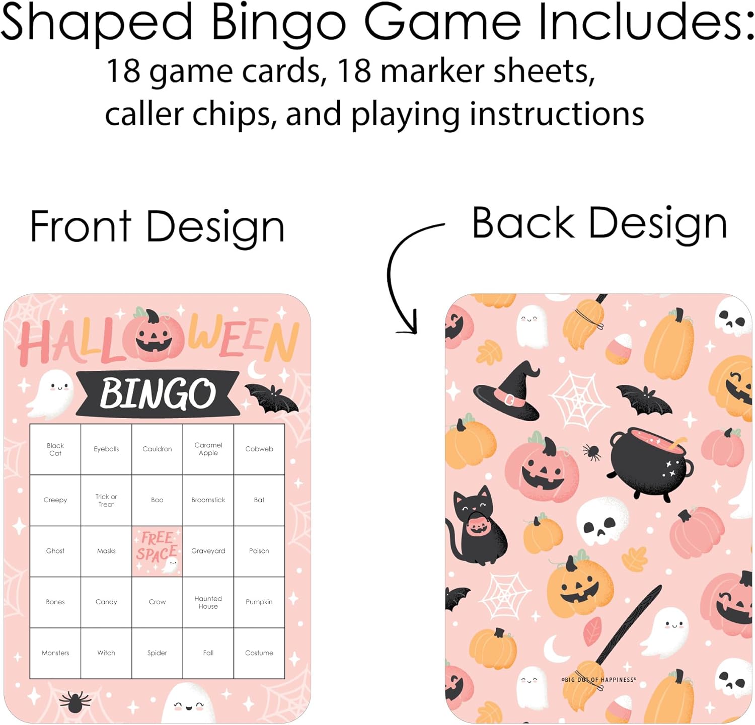 Big Dot of Happiness Pastel Halloween – Tarjetas de bingo y marcadores – Juego de bingo de fiesta de calabaza rosa – Juego de 18