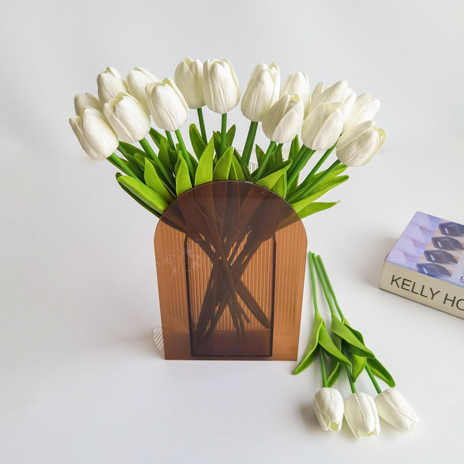 20 tulipanes de flores artificiales blancas de poliuretano de tacto real para decoración del hogar, boda, novia, mano, ramo de flores artificiales