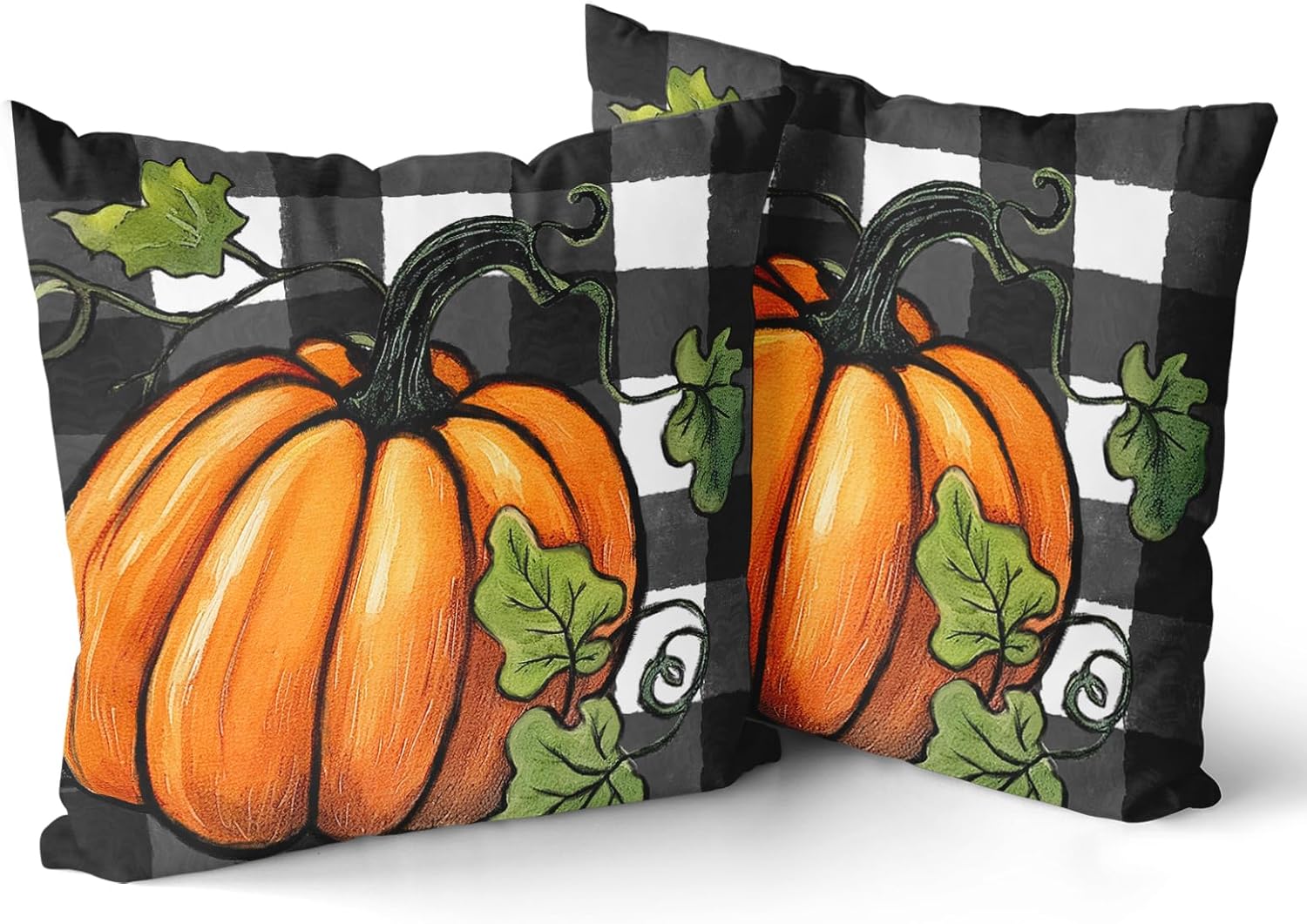 Juego de 2 fundas de almohada de otoño de 18 x 18 pulgadas, diseño de calabaza, negro y blanco, a cuadros, decoración del hogar, cosecha de otoño,