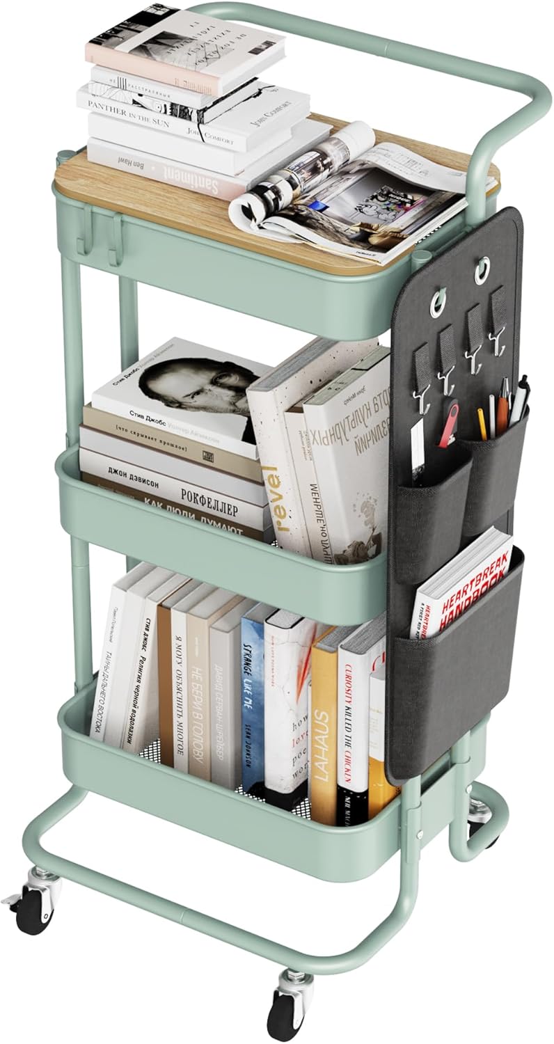 DTK Carrito de metal de 3 niveles con mesa y bolsas laterales, carrito organizador de almacenamiento de bandeja de metal con ruedas, carrito de