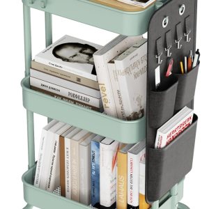 DTK Carrito de metal de 3 niveles con mesa y bolsas laterales, carrito organizador de almacenamiento de bandeja de metal con ruedas, carrito de DTK Carrito de metal de 3 niveles con mesa y bolsas laterales, carrito organizador de almacenamiento de bandeja de metal con ruedas, carrito de