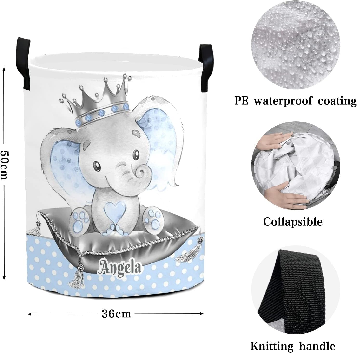Cestas de lavandería personalizadas de elefante con nombre, cesta de almacenamiento de ropa plegable con asa para baño, dormitorio, cocina