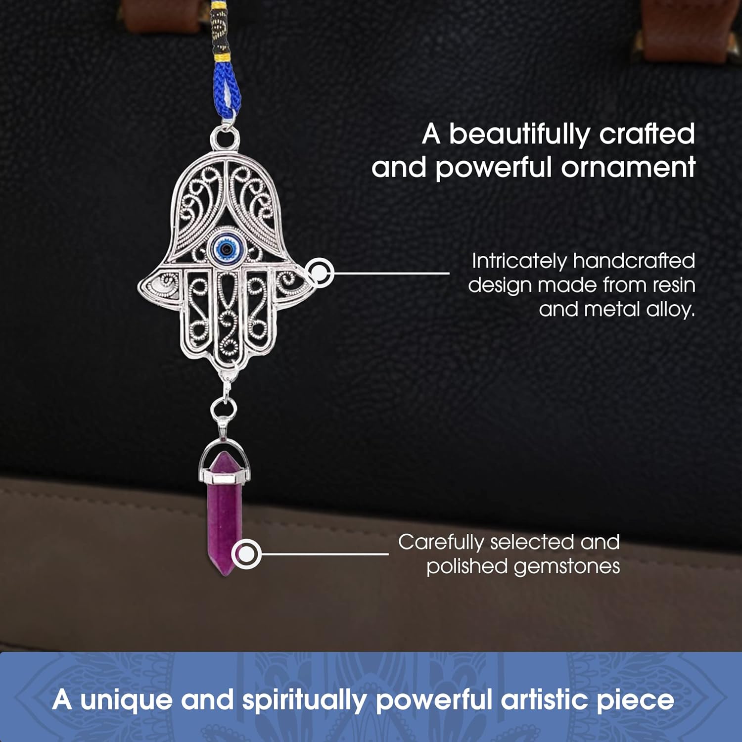 Silver Ornate Hamsa Hand Jeweled Keychain – Evil Eye Protection, Hanging Gemstone – Good Luck Charms 1.8″x9″