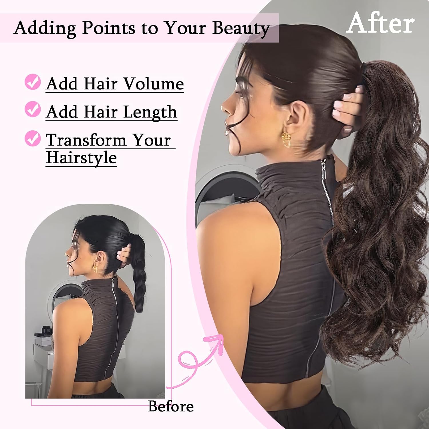 AISI BEAUTY Extensión de cola de caballo ondulada larga de 22 pulgadas, color marrón oscuro, con cordón, para mujer, cola de caballo sintética de