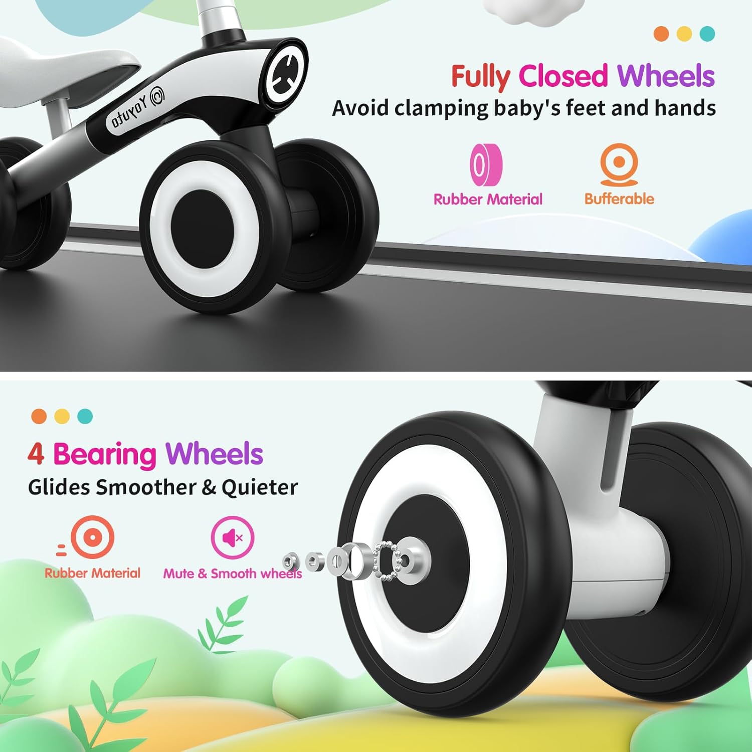 Yoyuto Bicicleta de equilibrio para bebés de 1 año, niños y niñas de 12 a 36 meses, 4 ruedas de silencio, asiento suave, juguetes de primera