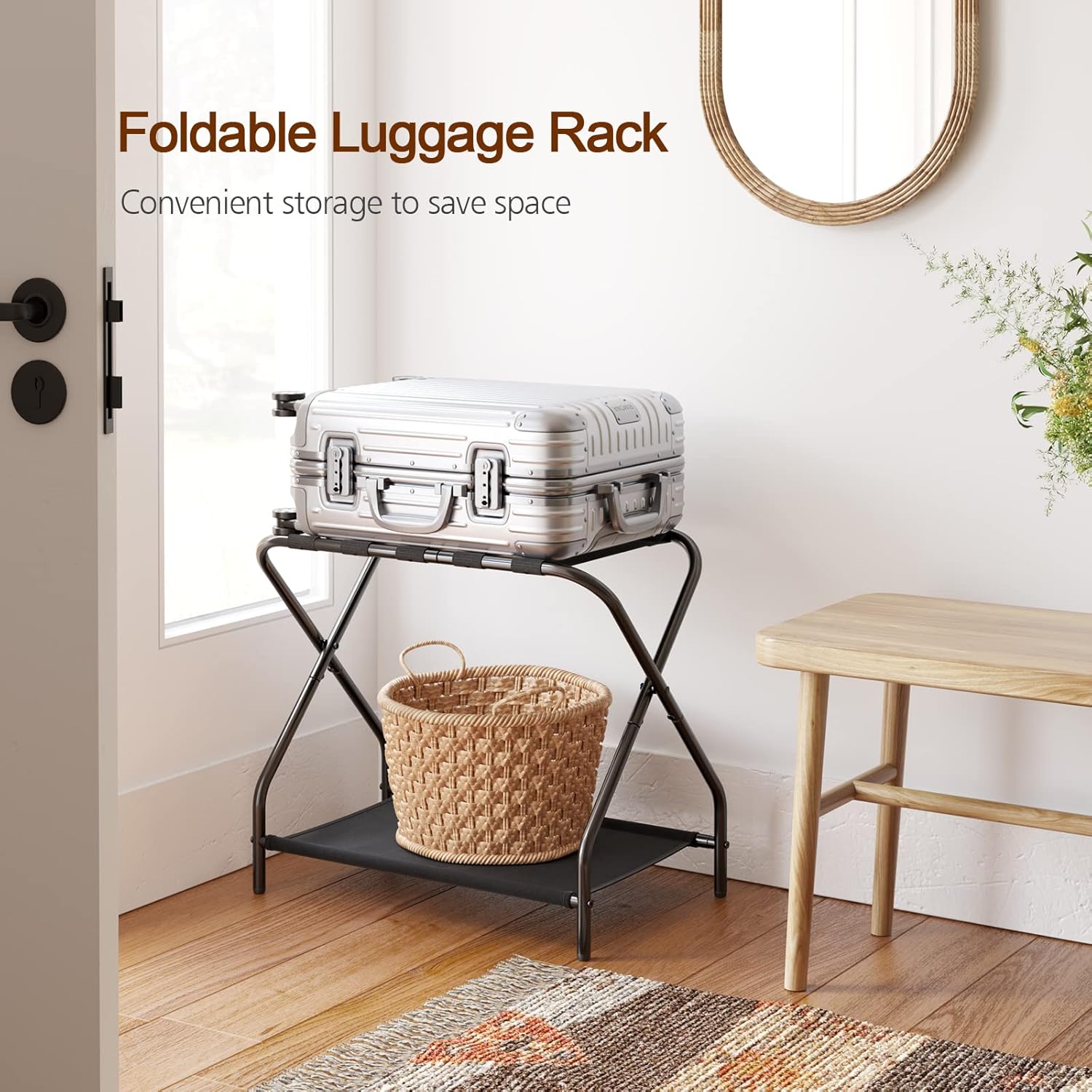 AMHANCIBLE Luggage Rack, Set of 2, Foldable Suitcase Stands for Guest Room, Metal Luggage Holder with Storage Shelf for Bedroom, Hotel, Easy