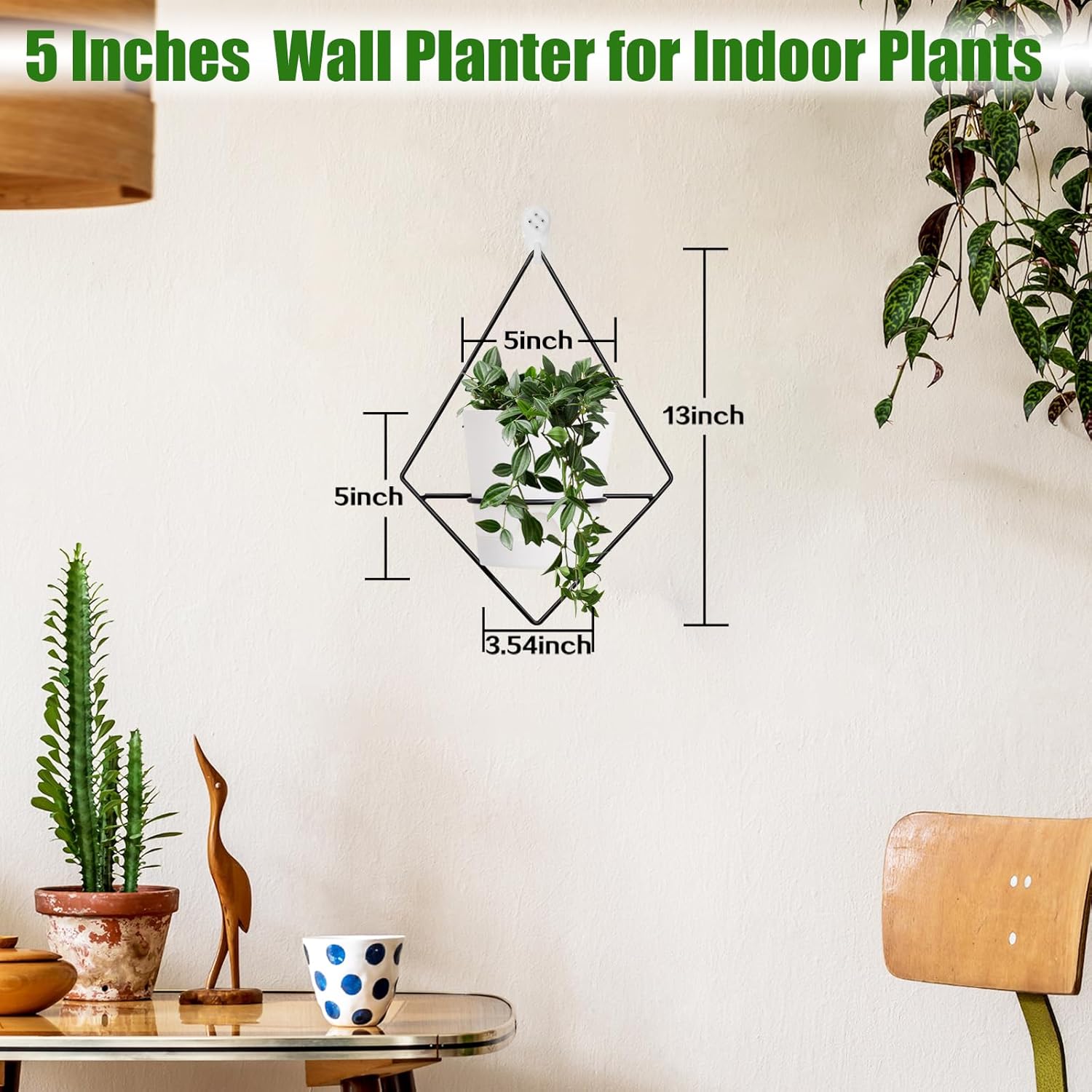 3 juegos de macetas de pared para plantas de interior, maceta colgante de pared con soporte de metal negro, macetas geométricas de pared con riego