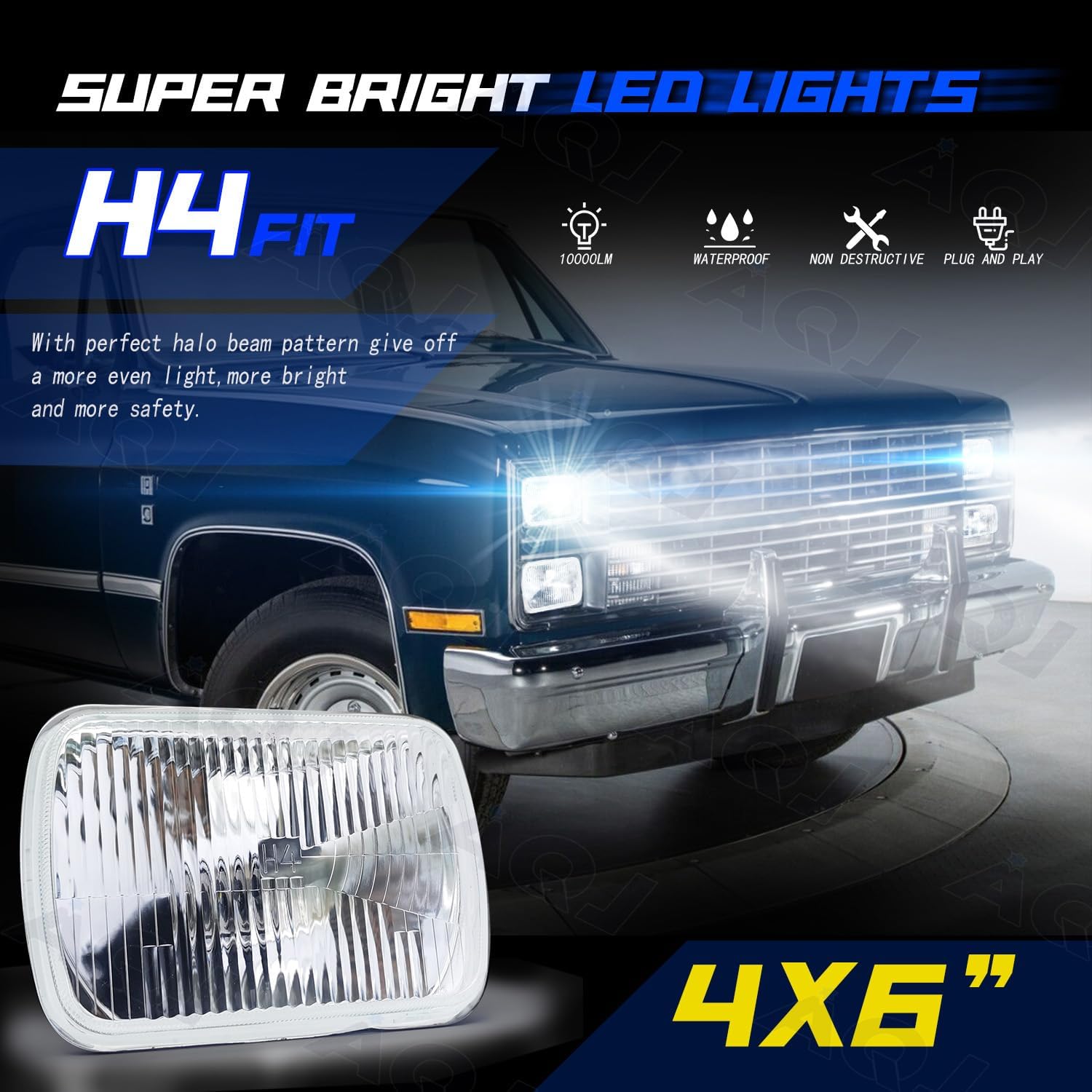 Faros delanteros de 4 x 6, luces de vidrio selladas con bombillas halógenas y LED para Toyota Land Cruiser 1988 1989 1990 – H4656 H4651 +