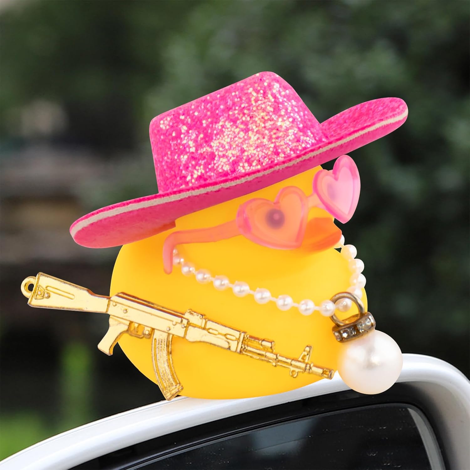 wonuu Decoración de fiesta de pato de goma para automóvil, sombrero de vaquero espacial con purpurina brillante, accesorios para tablero de