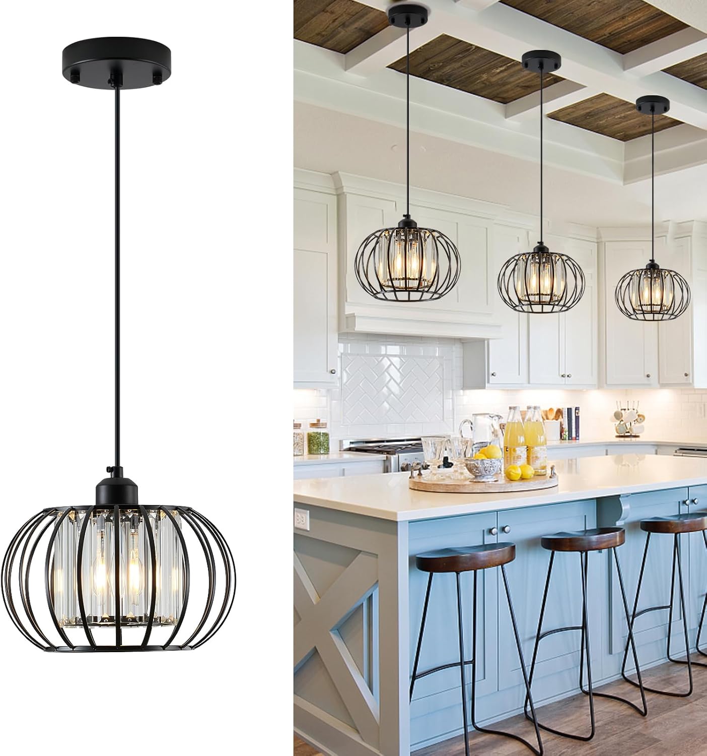 Lámpara colgante negra, luces colgantes de granja con cristal, mini luz colgante ajustable para cocina, moderna lámpara colgante industrial de