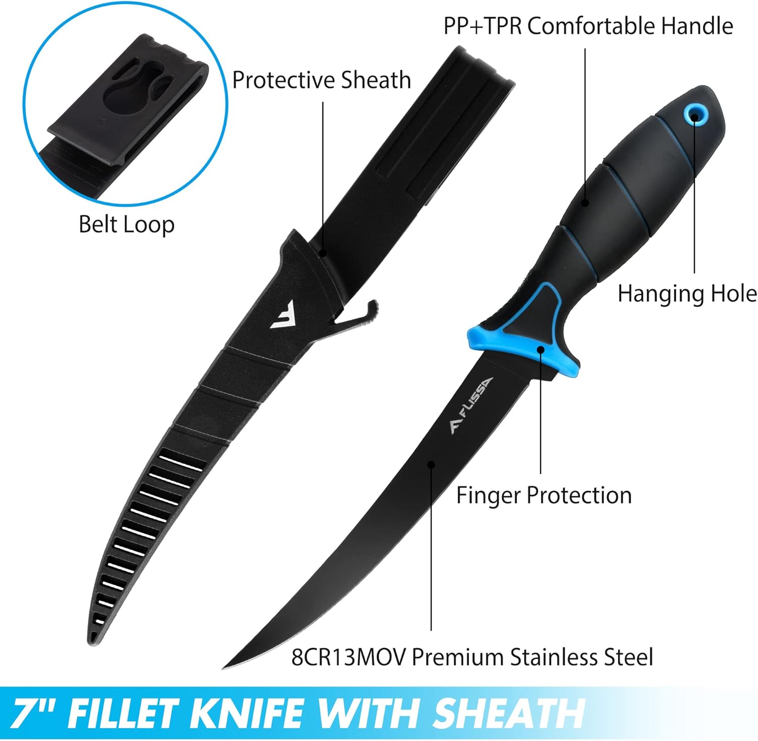 FLISSA Cuchillo de filete y cuchillo de cebo, cuchillo de filete de pescado de 7 pulgadas con funda protectora y cuchilla afilada de acero