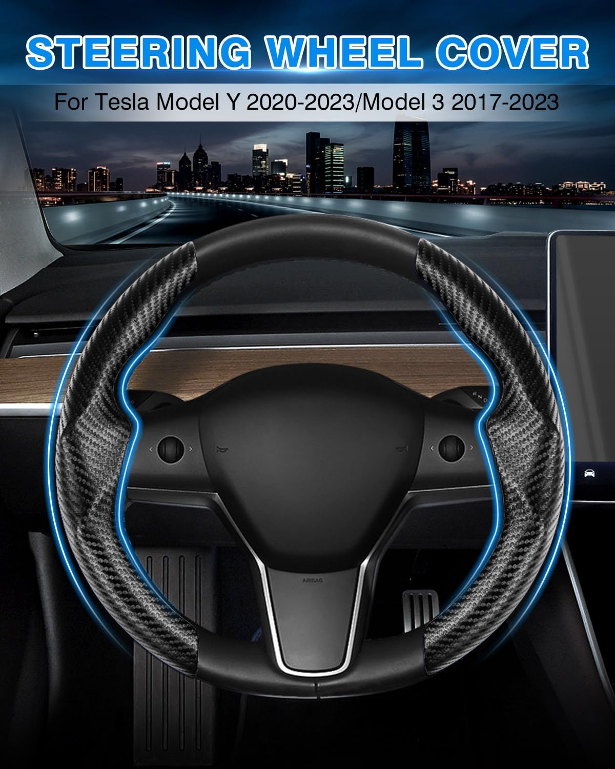 Funda para volante de la marca funda de fibra de carbono a medida para volante de Tesla, transpirable, duradera, antideslizante, transpirable,