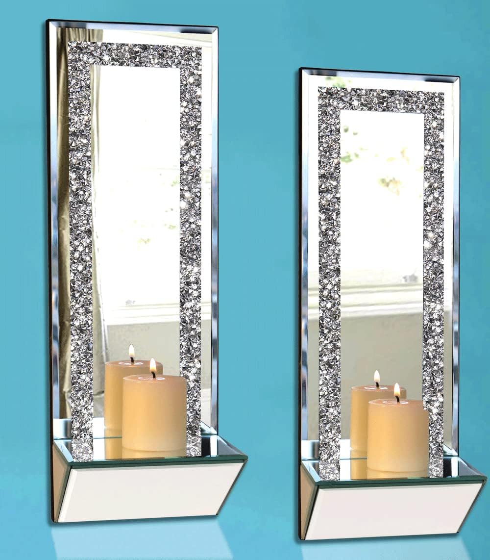 GIMORRTO Elegante juego de 2 candelabros de espejo  Elegantes portavelas de pared con diamante triturado de 15 x 5.3 pulgadas para velas de pilar