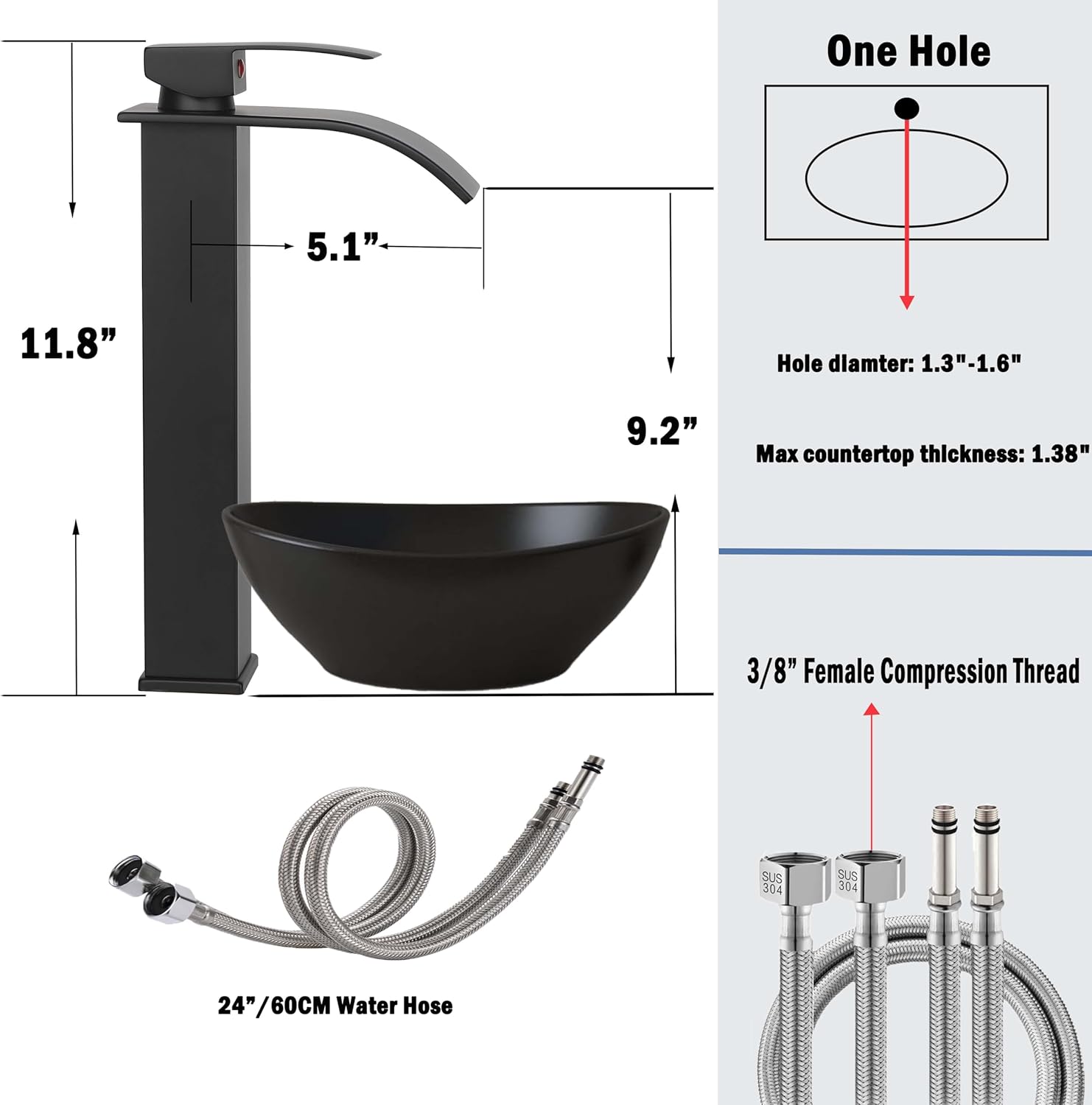 Grifos de baño, grifo de lavabo de cascada, para fregadero de baño, 1 agujero, negro mate, grifo de tocador alto con drenaje combinado de montaje en