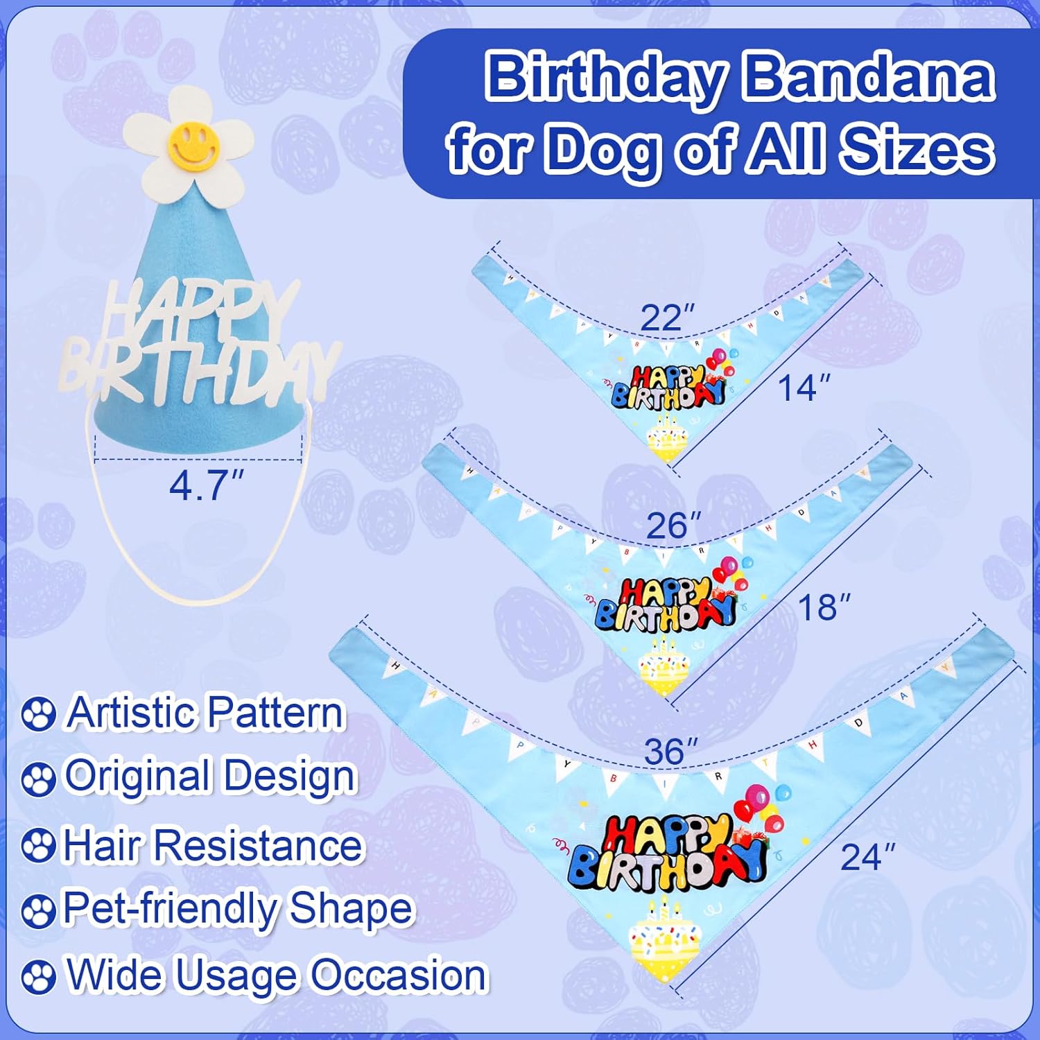 Bandana de cumpleaños para perro con sombrero, lindo sombrero de fiesta de cumpleaños de perro suministros para fiesta de cumpleaños (azul, S)