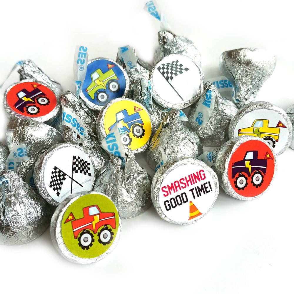 Monster Truck Labels for Hershey Kisses Chocolates by Adore By Nat – Birthday Party Candy Stickers – Set of 240