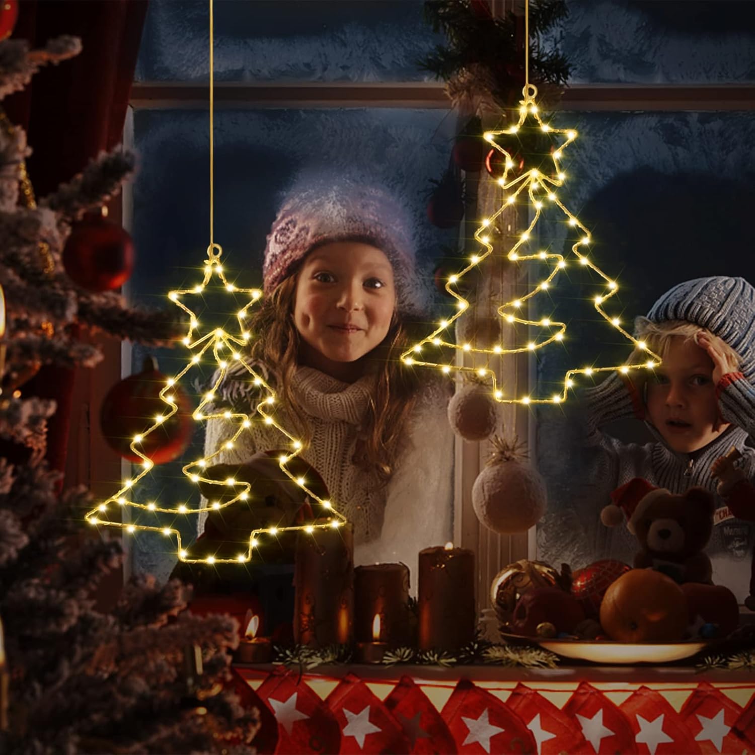 Raymall – 3 luces de ventana de Navidad, 55 LED alimentadas por pilas, luces de silueta de ventana de Navidad con temporizador, 8 modos de