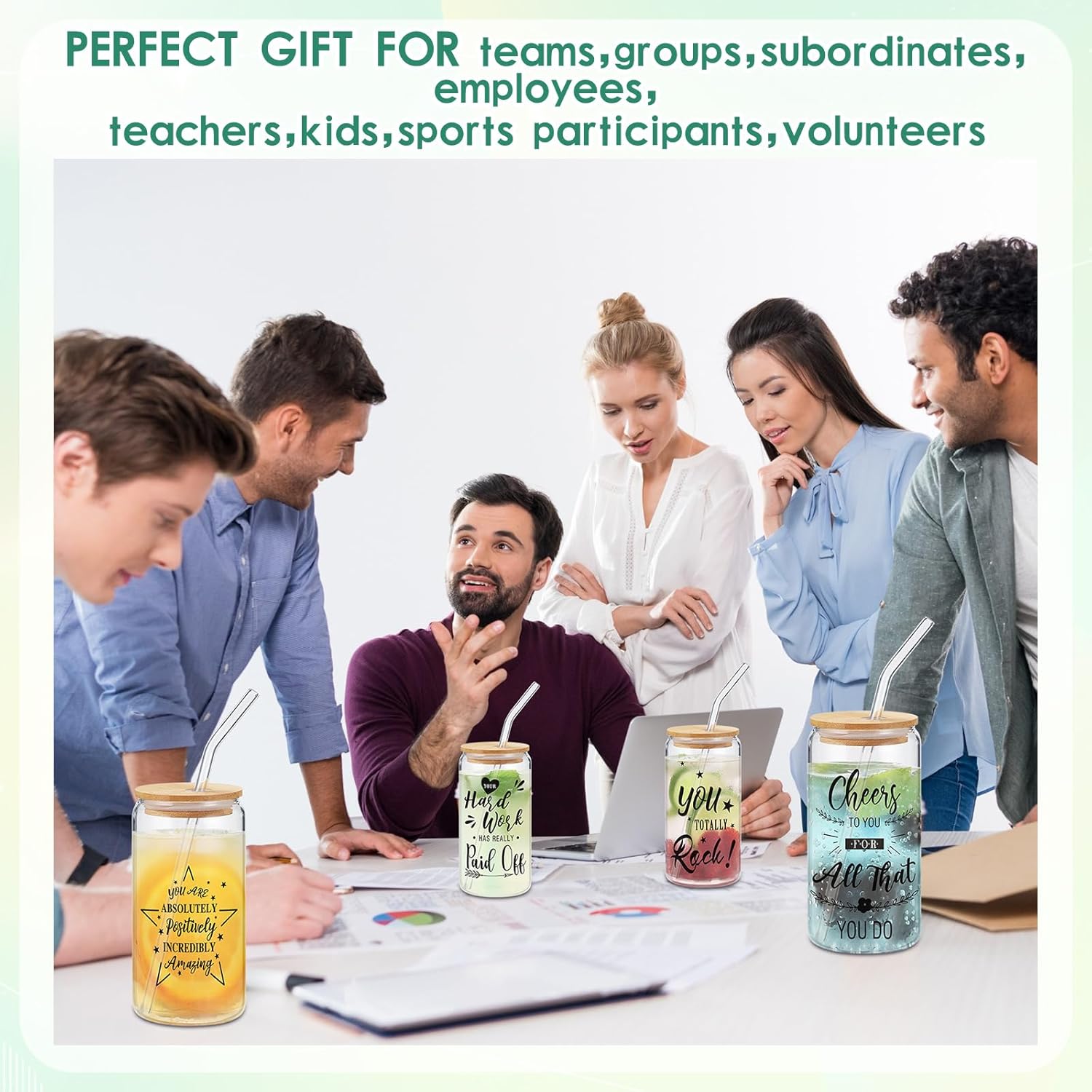 Suttmin Regalos de agradecimiento – Vasos de vidrio de 16 onzas con tapas de bambú, popotes, vasos de café helado, vasos con forma de lata de
