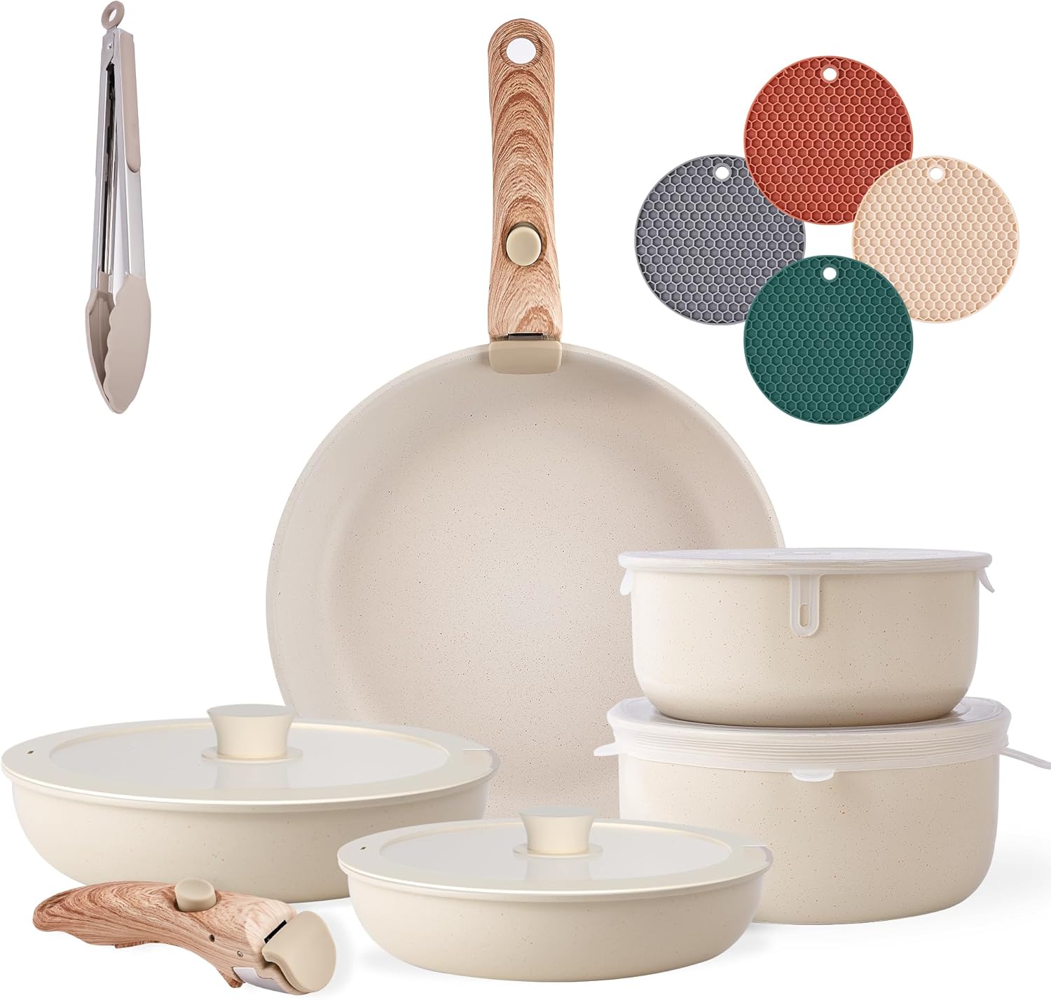 Caannasweis Juego de ollas y sartenes, juegos de utensilios de cocina antiadherentes, mango desmontable, juego de utensilios de cocina de inducción