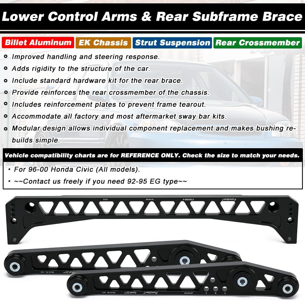 Brazo de control inferior trasero+soporte de bastidor auxiliar compatible con 96-00 Honda Civic EK LCA Negro