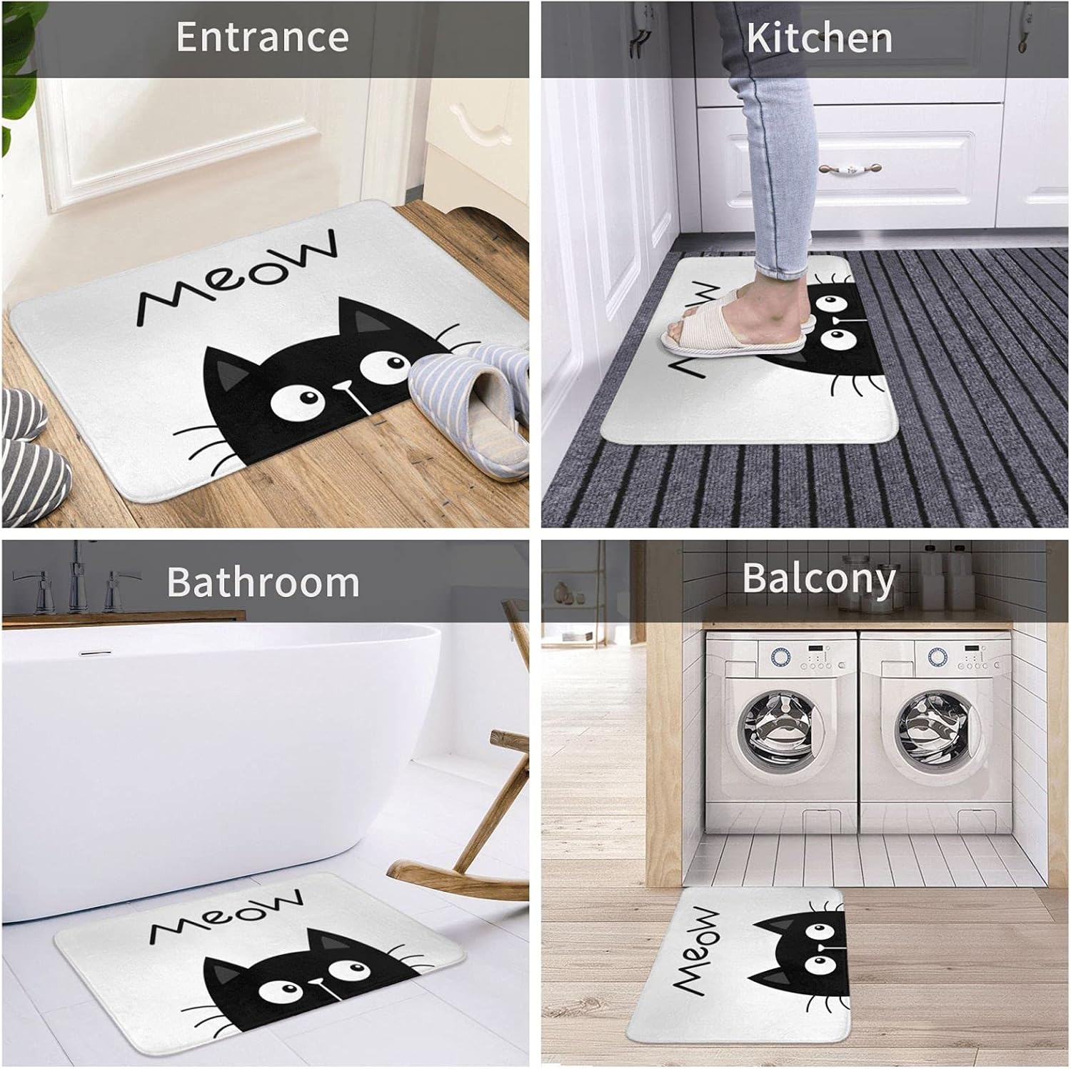 DADABULIU Alfombra de baño para baño, gatos, color blanco y negro, tapete de espuma viscoelástica, antideslizante, para el suelo, alfombra pequeña,