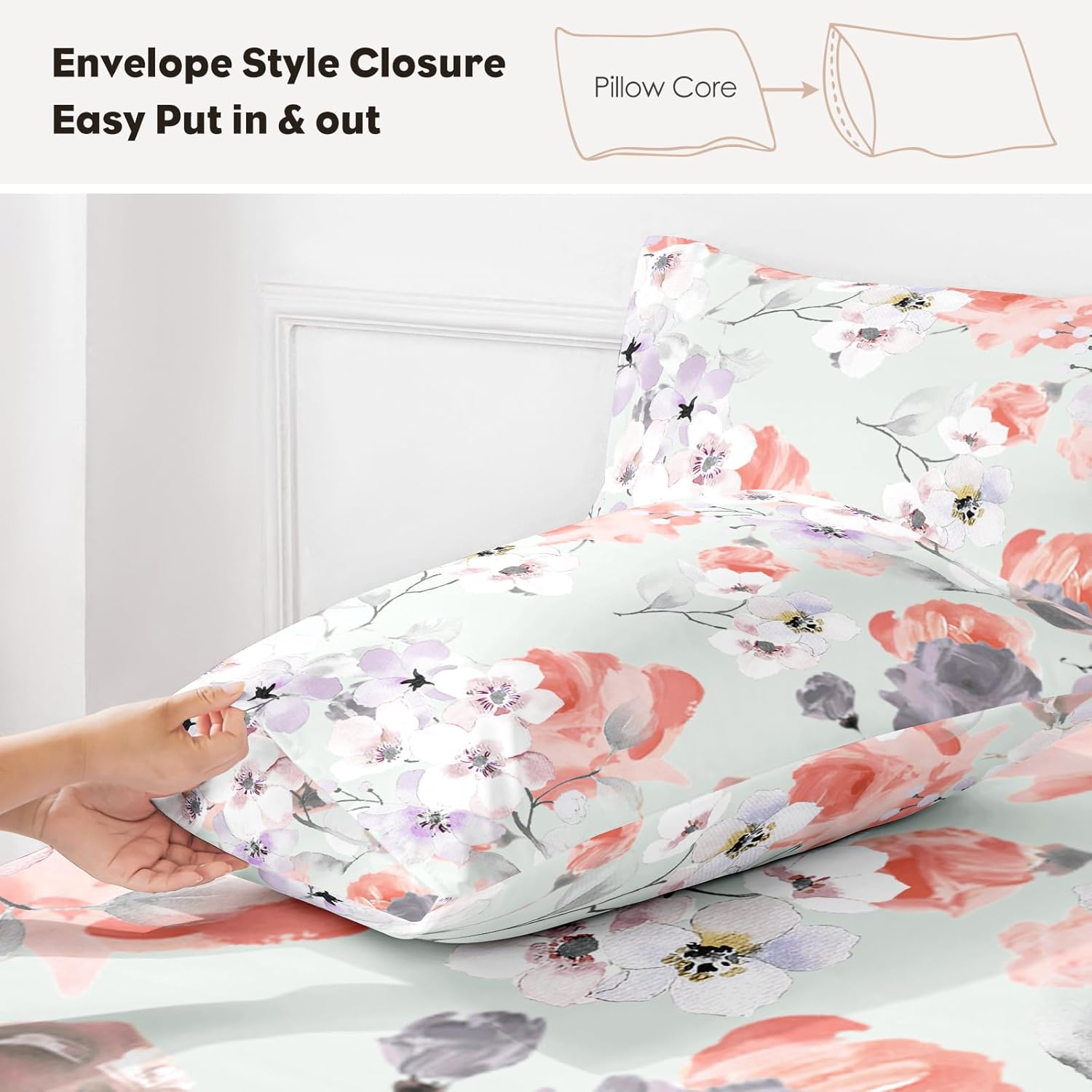 Juego de sábanas Queen  Estampado floral  Sábanas de lujo de microfibra cepillada 1800  Sábanas refrescantes transpirables para cama tamaño Queen