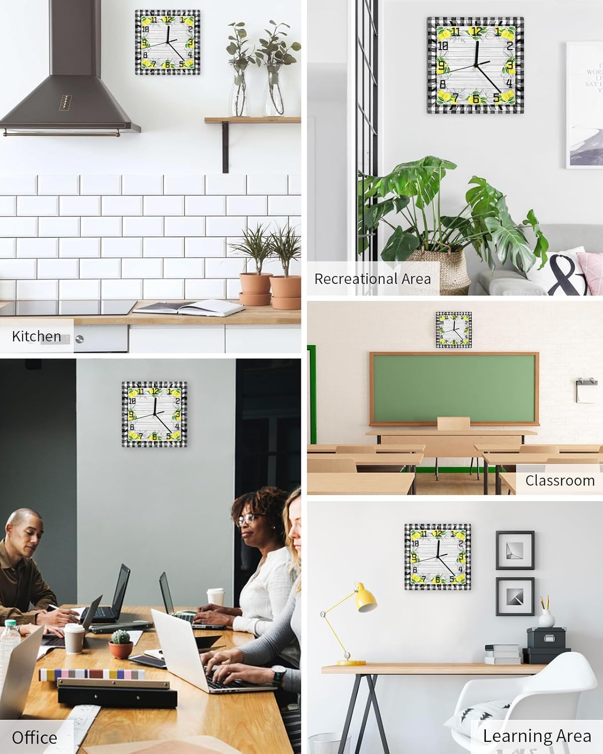 Wall Clock Yellow Lemon Battery Operated Clocks Wooden Silent Non-Ticking Wallclock 12 Inch Summer Fruit Lemon Farmhouse Plaid Square Wall Clock for