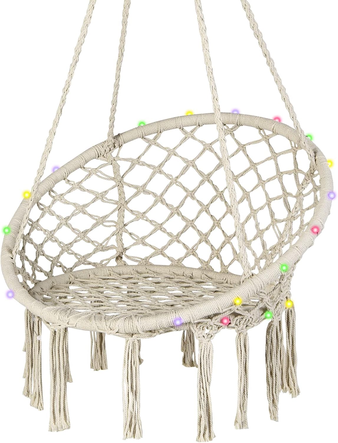 Tangkula Silla hamaca con luces, columpio de macramé con borlas, cuerda de algodón tejida a mano, estilo bohemio para interiores y exteriores, silla