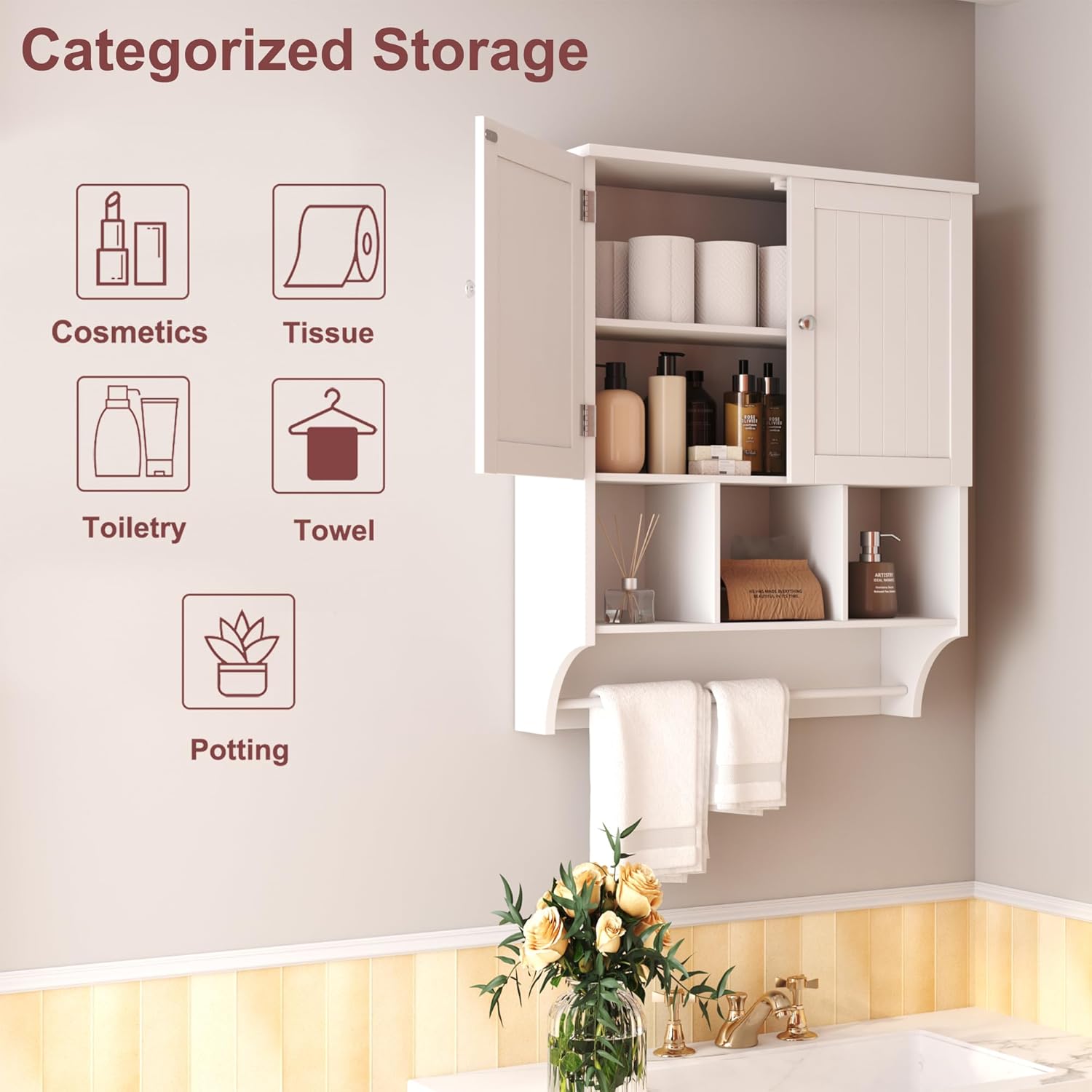 HOMEFORT Armario de pared de baño, botiquines sobre el inodoro con barra de toallas, estantes ajustables de 2 puertas, gran espacio para baño,