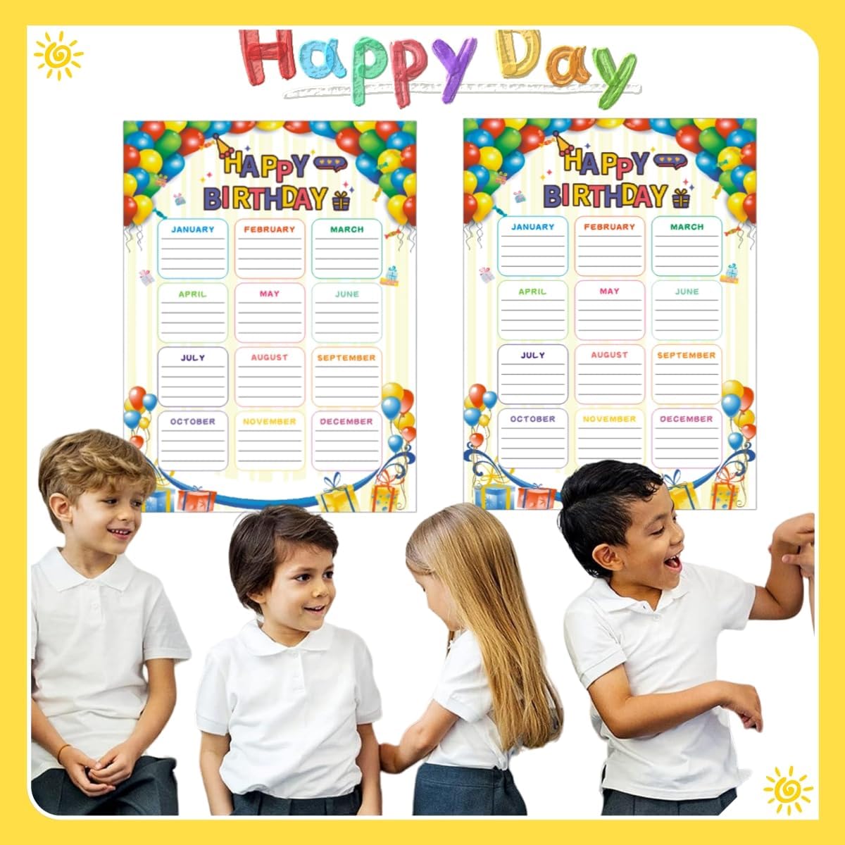 Paquete de 4 carteles de feliz cumpleaños para decoración de aula, recortes de calendario de cumpleaños para tablón de anuncios escolar, pizarras de
