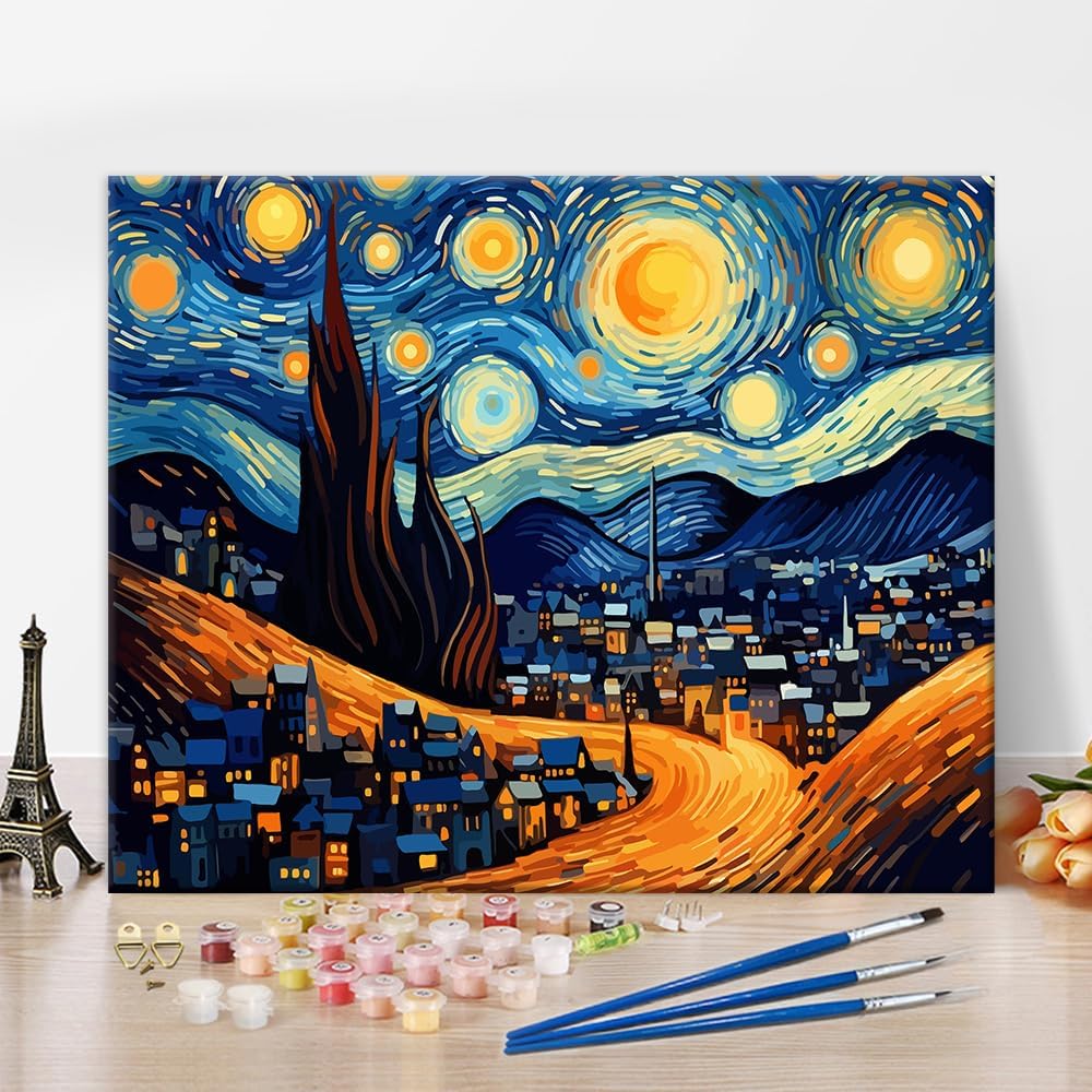 TUMOVO Pintura por números de noche estrellada, cielo y luna llena sobre la ciudad, pintura por números para adultos, estilo abstracto, pintura por