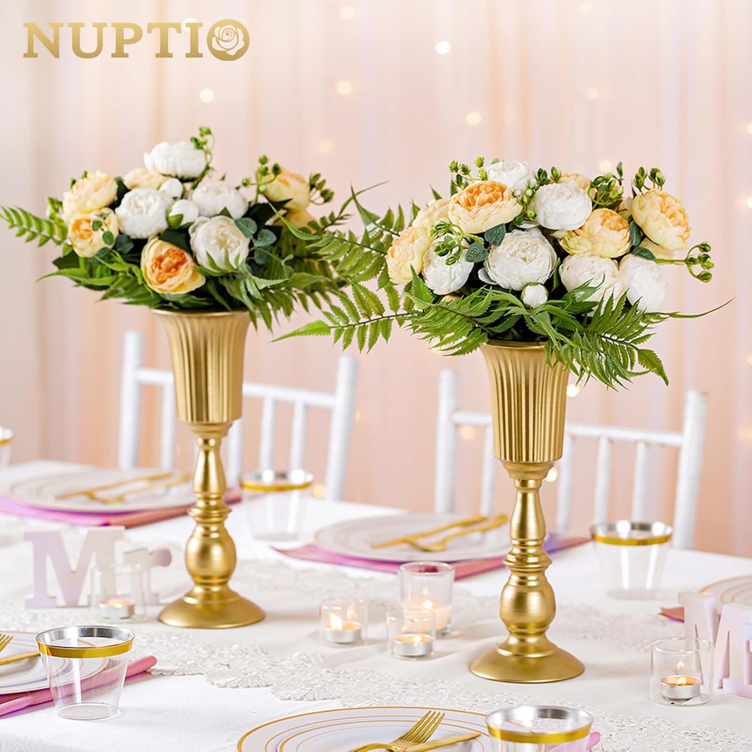 Nuptio Jarrón de trompeta de metal, elegante jarrón para centros de mesa de boda, para decoración de fiestas, 12.56 pulgadas de alto, arreglos