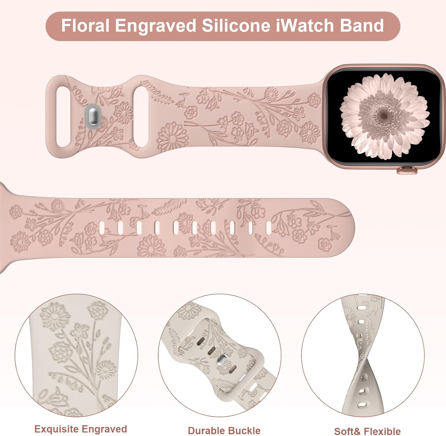 Keebowz Correa de silicona con grabado floral compatible con Apple Watch Band de 1.496 in, 1.575 in, 1.614 in, 1.654 in, 1.732 in, 1.772 in, correa