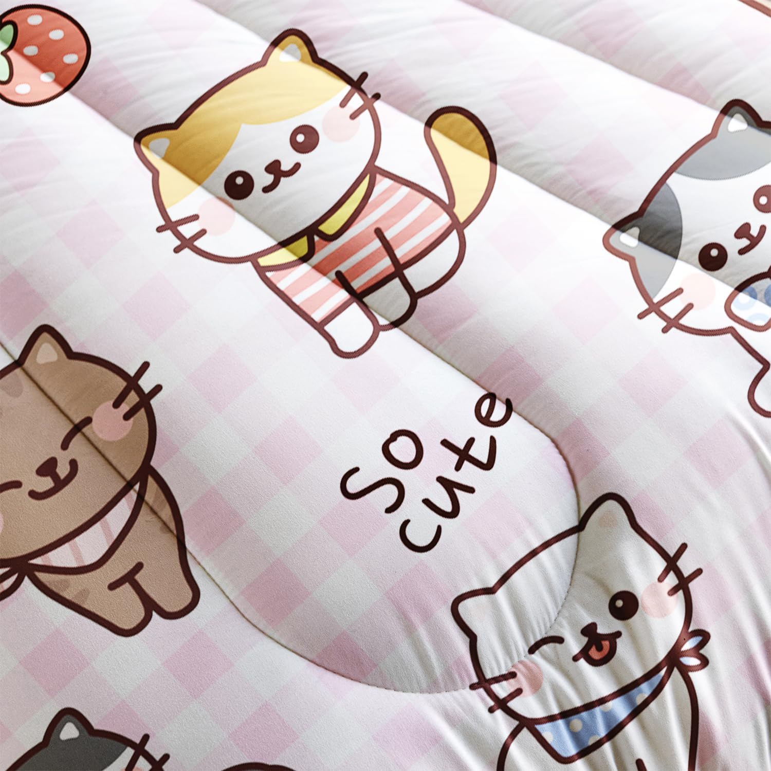 AILONEN Juego de edredón de gato tamaño matrimonial, lindo juego de ropa de cama para niños con diseño de fresas y gatos para decoración de