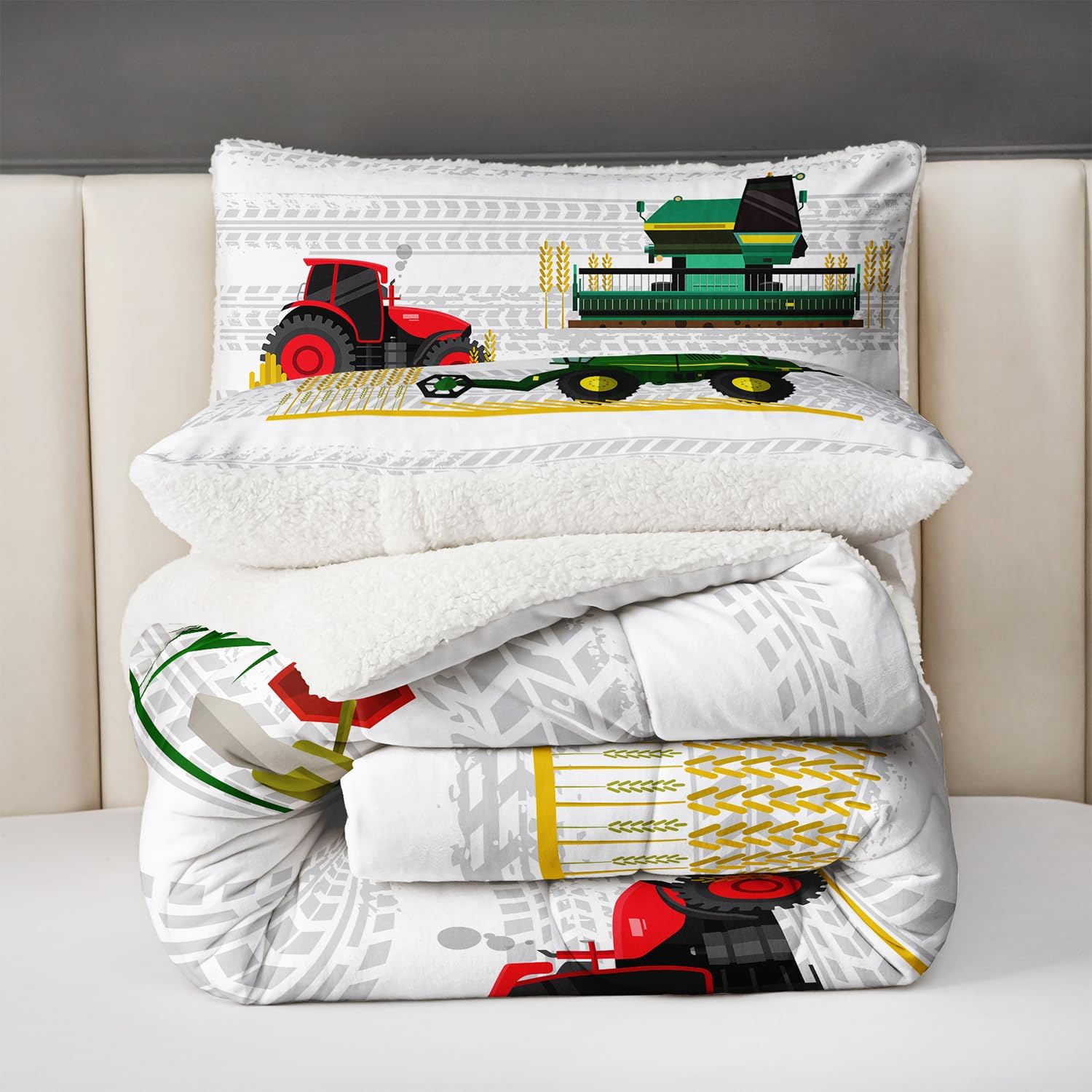 CVHOUSE Juego de edredón de forro polar Sherpa de tractor tamaño Queen, juego de ropa de cama sherpa de construcción reversible para niños y