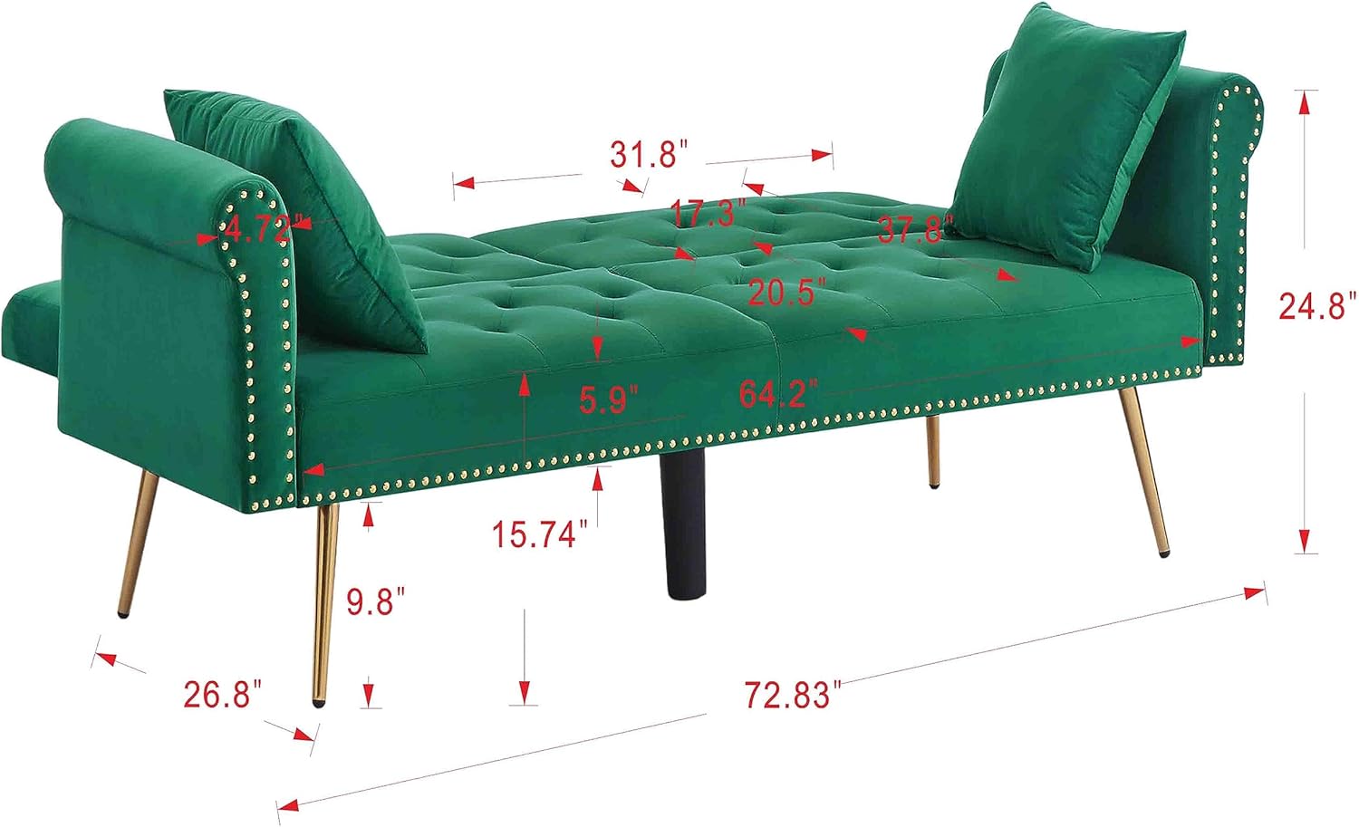 Sofá cama moderno de terciopelo 2 en 1 de 70 pulgadas, sofá cama convertible con piernasalmohadas, sofá biplaza tapizado plegable, asiento de espuma