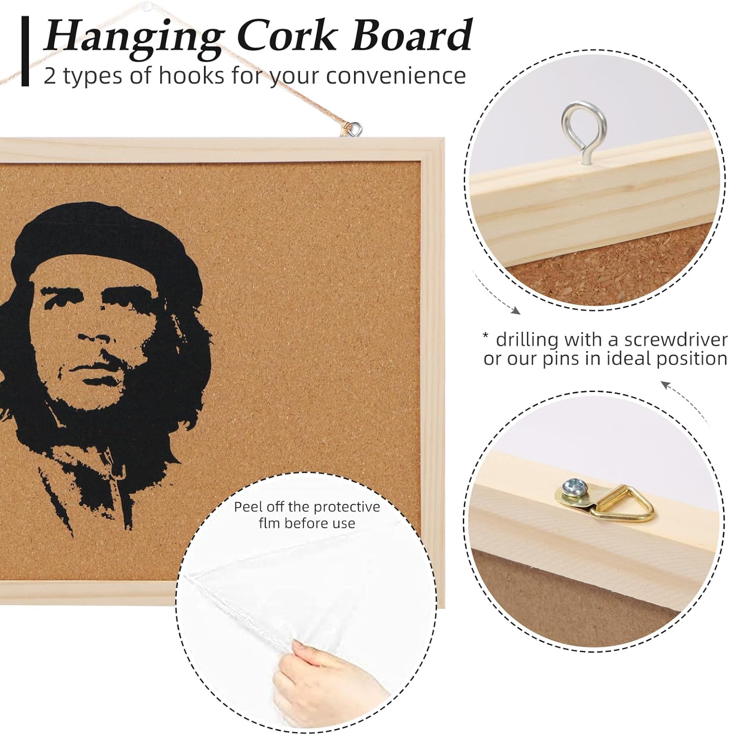 Tableros de corcho Che Guevara de 16 x 24 pulgadas para paredes con marco, 1 paquete de boletines pequeños con marco de madera, tablero decorativo