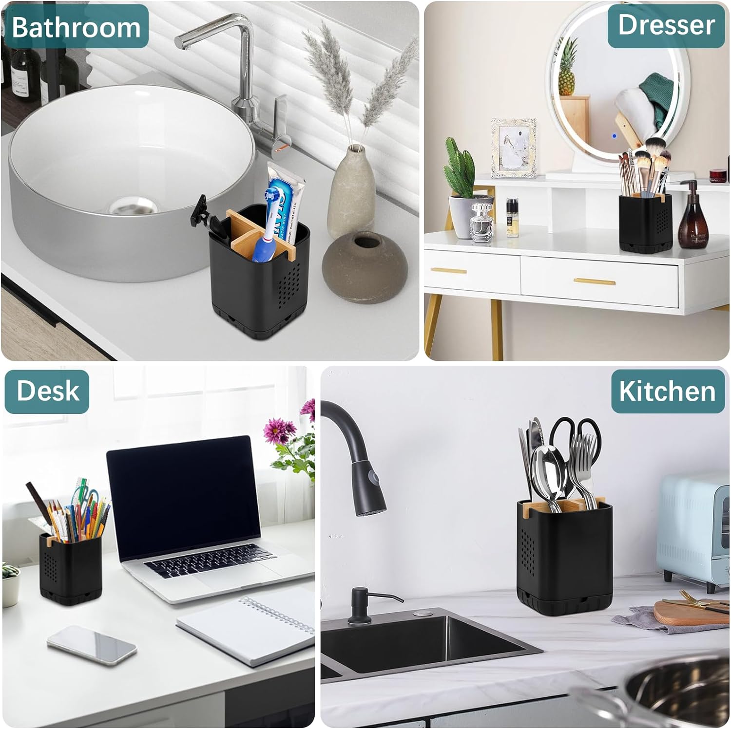 Boperzi Portacepillos de dientes negros para baño, soporte eléctrico para cepillos de dientes con divisor de bambú, cepillo de dientes