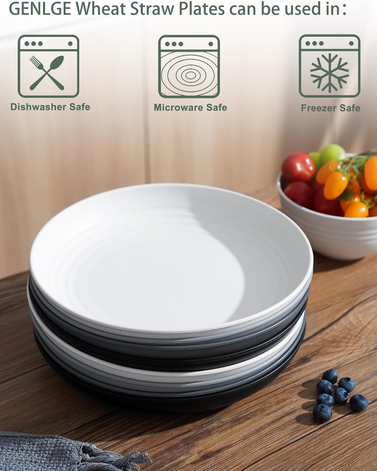 GENLGE Juego de 8 platos de paja de trigo de 10 pulgadas, platos de cocina aptos para microondas, platos reutilizables irrompibles para exteriores,