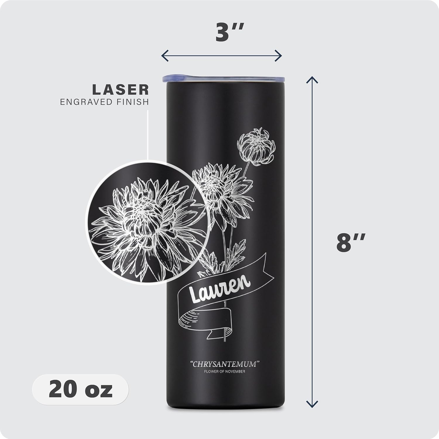 Vaso personalizado con flor de nacimiento grabada y nombre, vaso de café aislado al vacío de acero inoxidable de 20 onzas con tapa deslizante, taza
