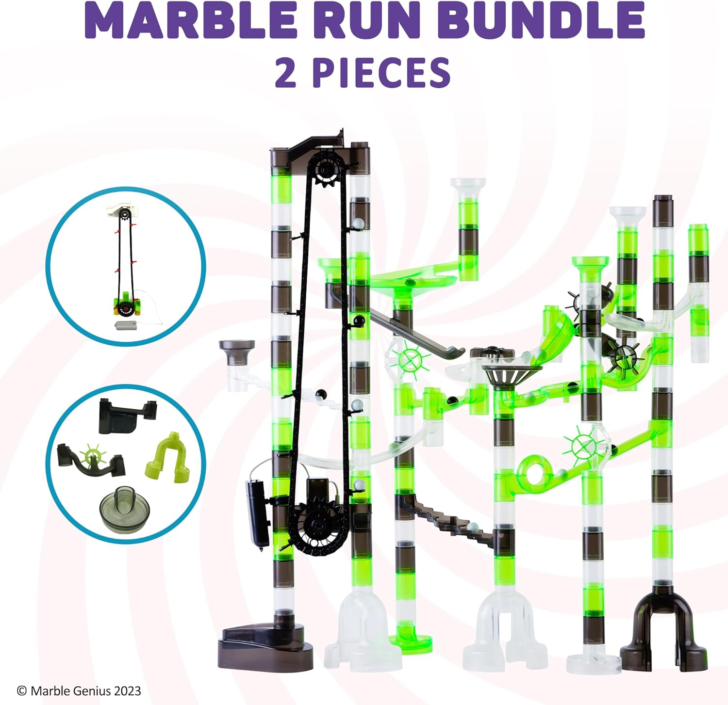 Marble Genius Paquete Marble Run Space Elevator con canicas brillantes de vidrio y elevación automática de cadena, experimente la emoción de las