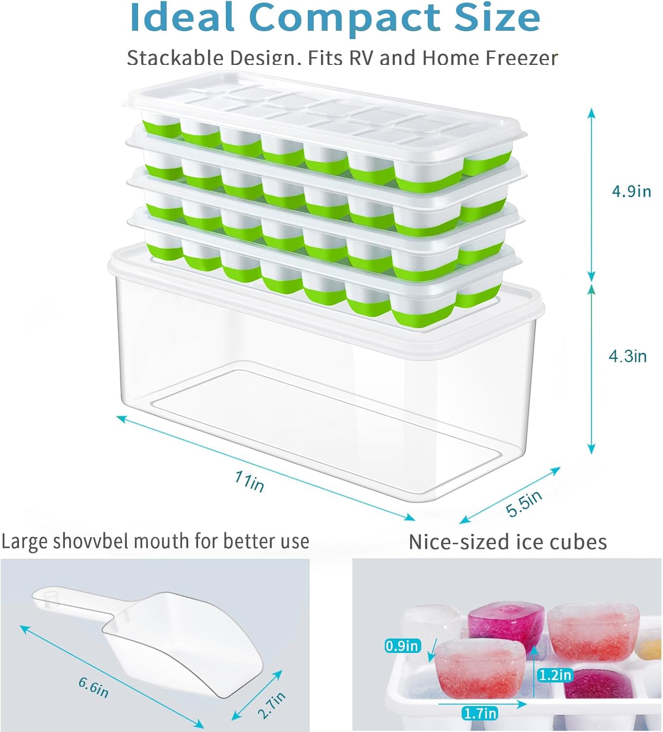 ARTLEO Bandeja para cubitos de hielo con tapa y contenedor, bandejas para cubitos de hielo de silicona y plástico de fácil liberación y contenedor