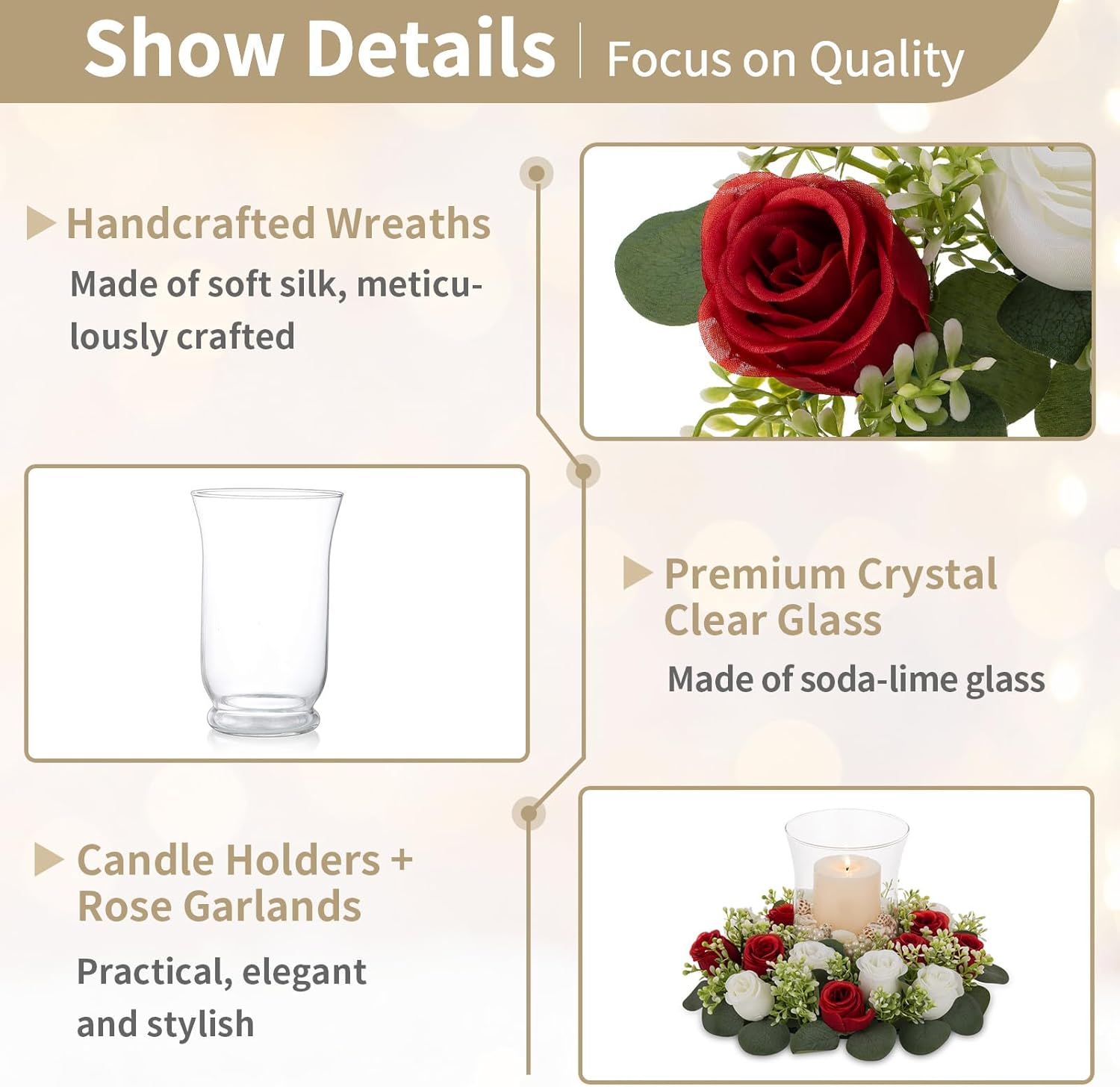 NUPTIO Centro de mesa de coronas de flores artificiales 2 candelabros de cristal para velas flotantes de pilar con rosas falsas blancas y carmesí de