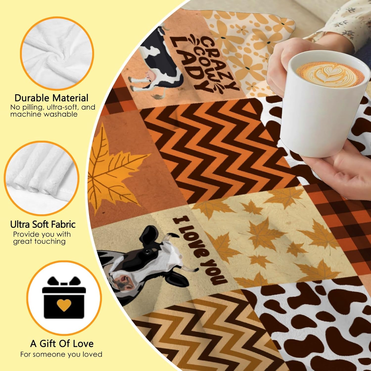 Manta con estampado de vaca, linda manta de vaca ultra suave, con hojas de arce, manta de otoño para niños pequeños, mujeres y hombres, regalos de